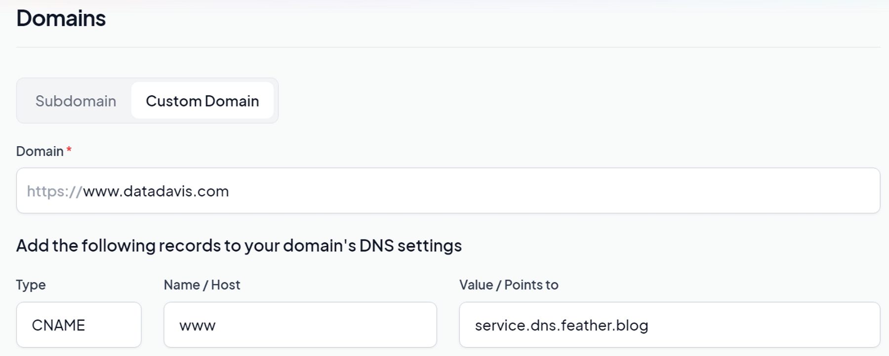 Domains settings inside Feather admin