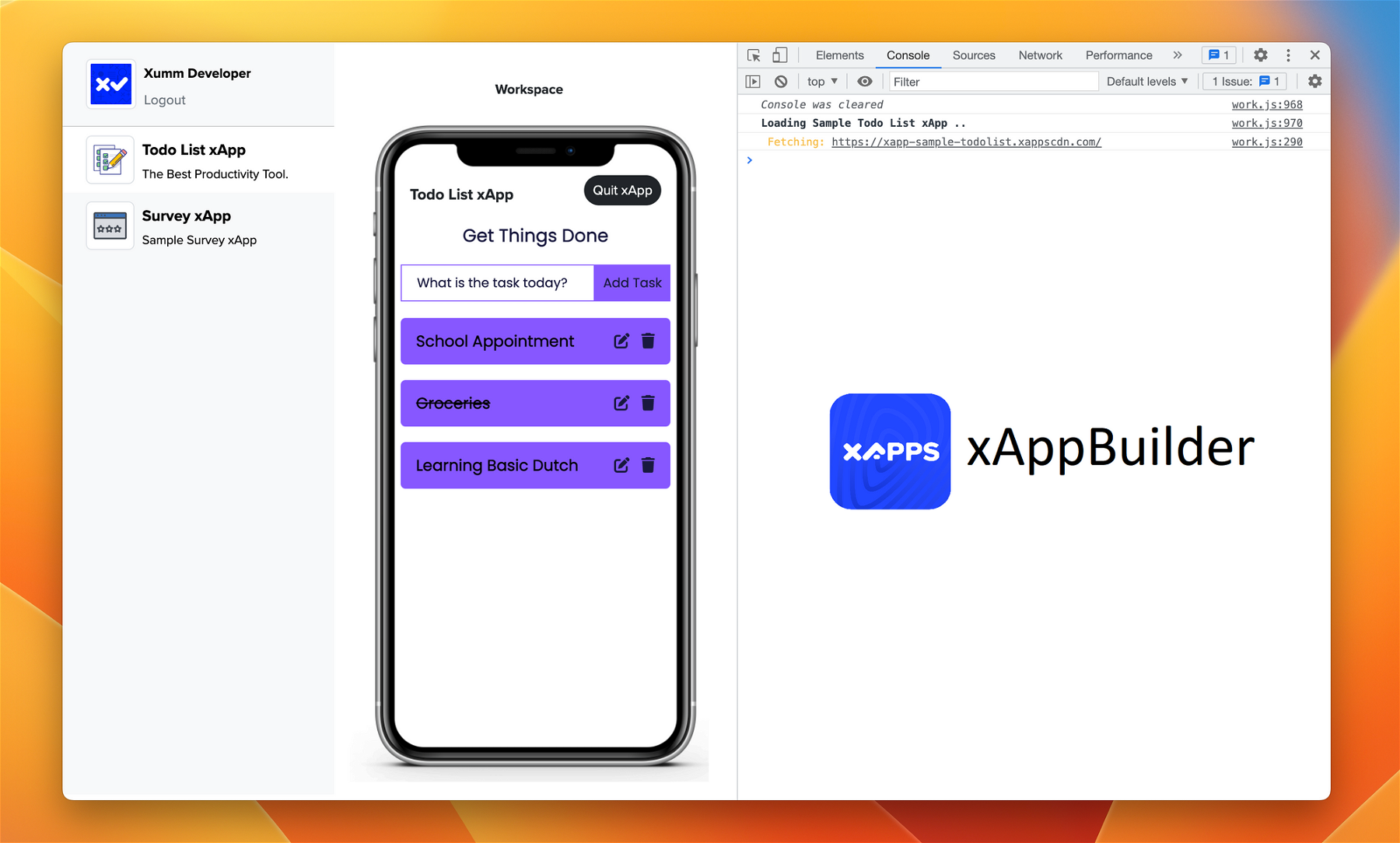 The demo xApp page in xAppBuilder.