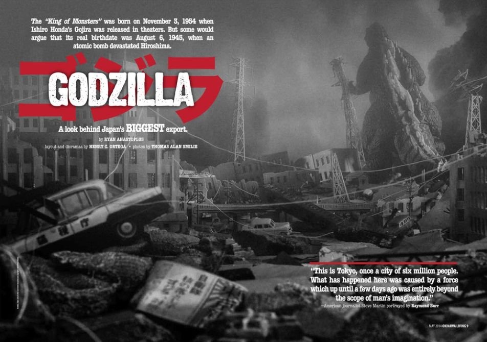 Godzilla diorama spread from May 2014 Okinawa Living feature on the 60th Anniversary of Godzilla.