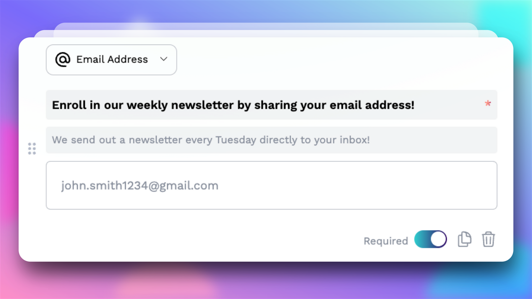 Example of an email address question to give the responder an option to enroll in a weekly newsletter by providing their email address.