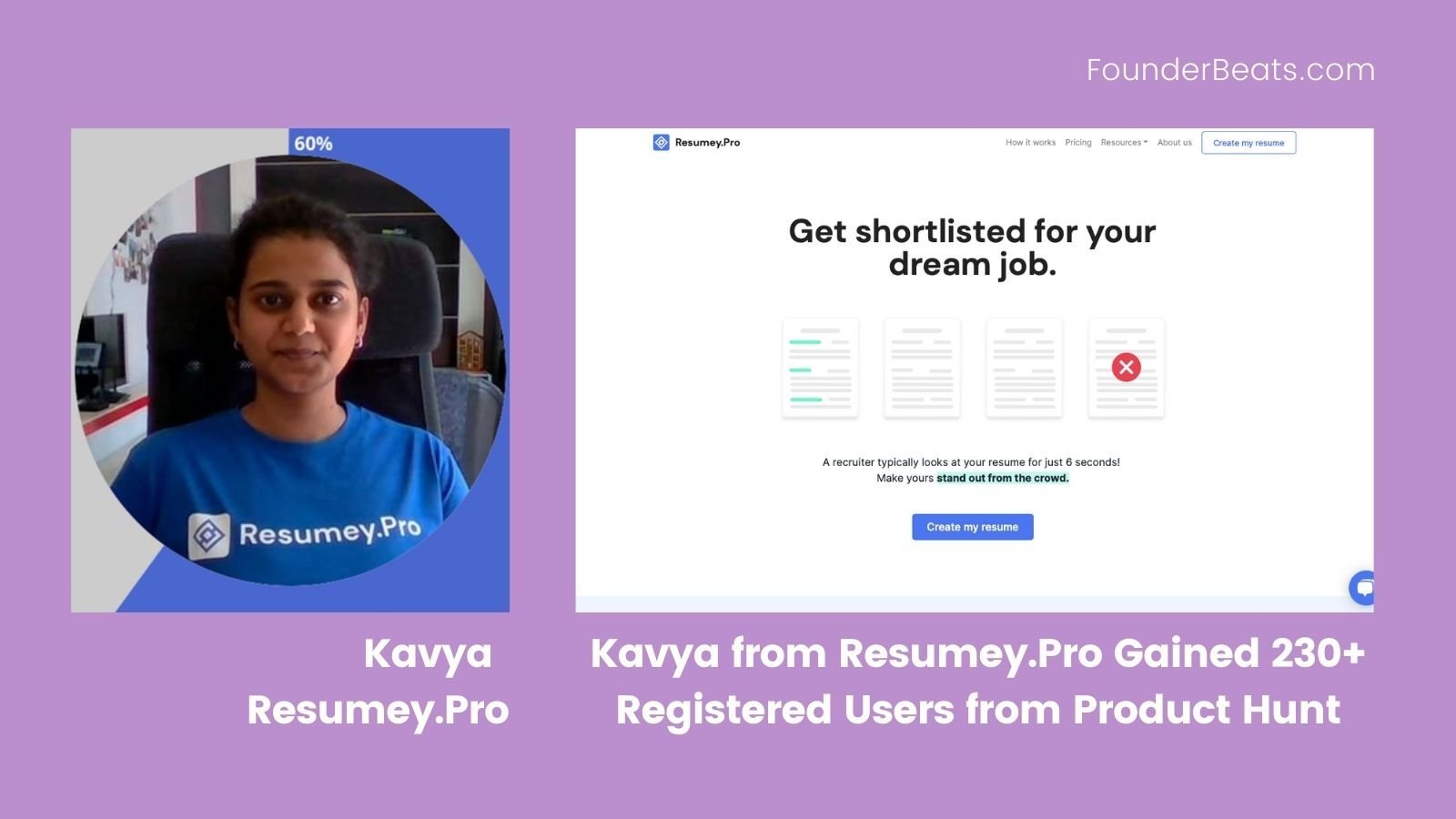 Kavya from Resumey.Pro  Gained 230+ Registered Users from Product Hunt