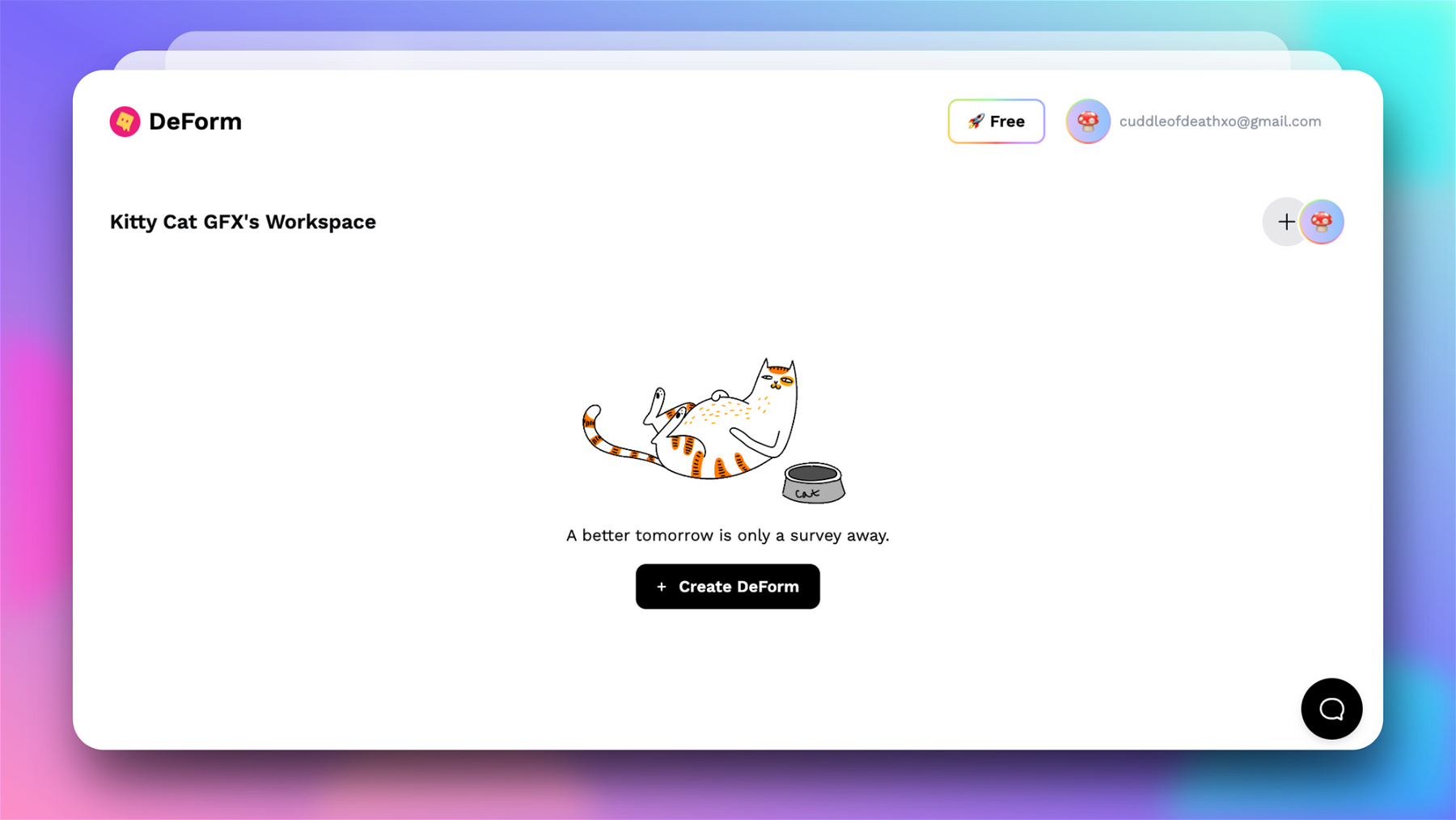 This is where your DeForm workspace is located. If it’s your first time here, you can create your first form using the Create DeForm button. Additionally, any forms you create will appear on this page!