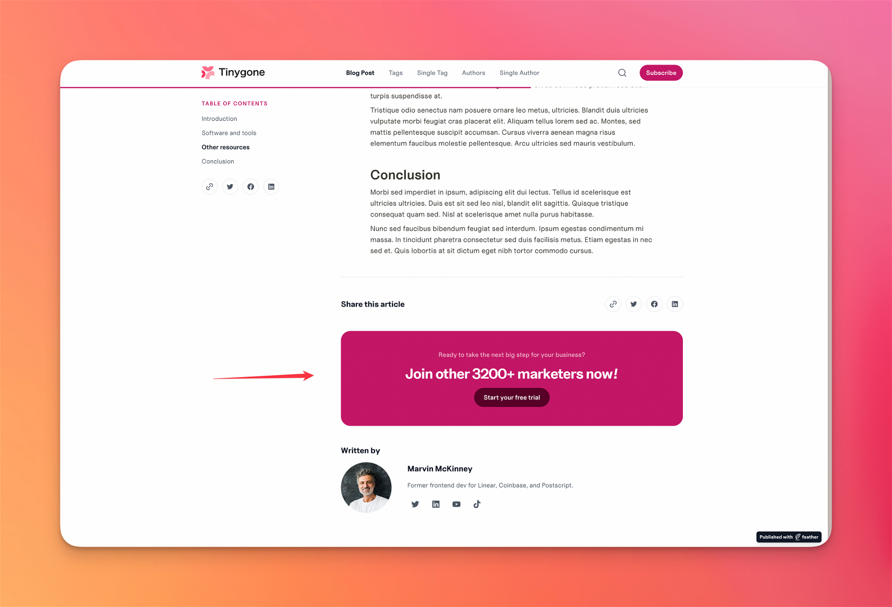 Call to Action Button in the SaaS Feather Template
