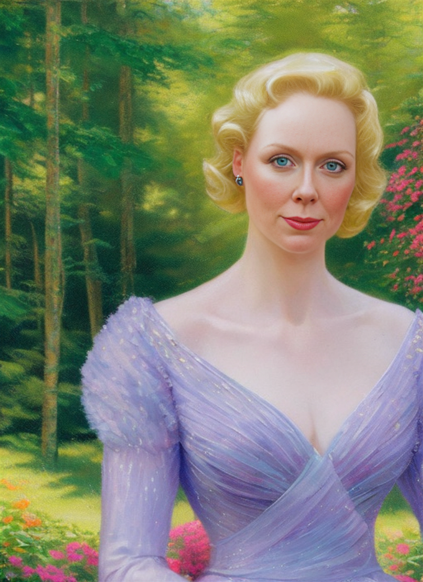 A realistic full body portrait of Gwendoline Christie with a soft and serene expression, in a natural and idyllic setting, inspired by the work of Bob Ross and Thomas Kinkade, with a harmonious color scheme and delicate brushstrokes.