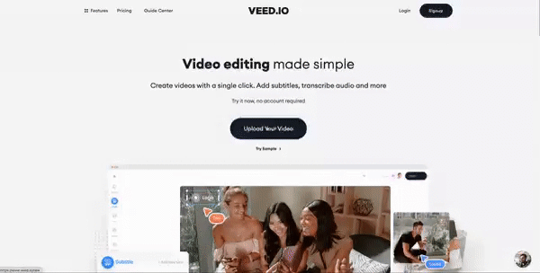 Veed showing their demo on their landing page. 