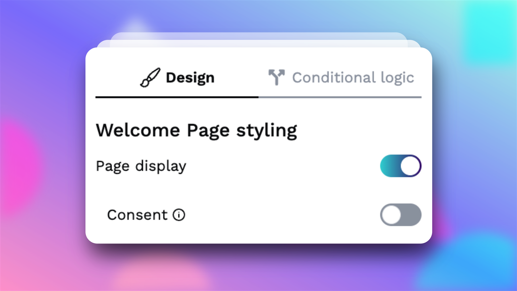 A screenshot of the Welcome Page styling options, located under the Design tab on the right side of the DeForm editor.