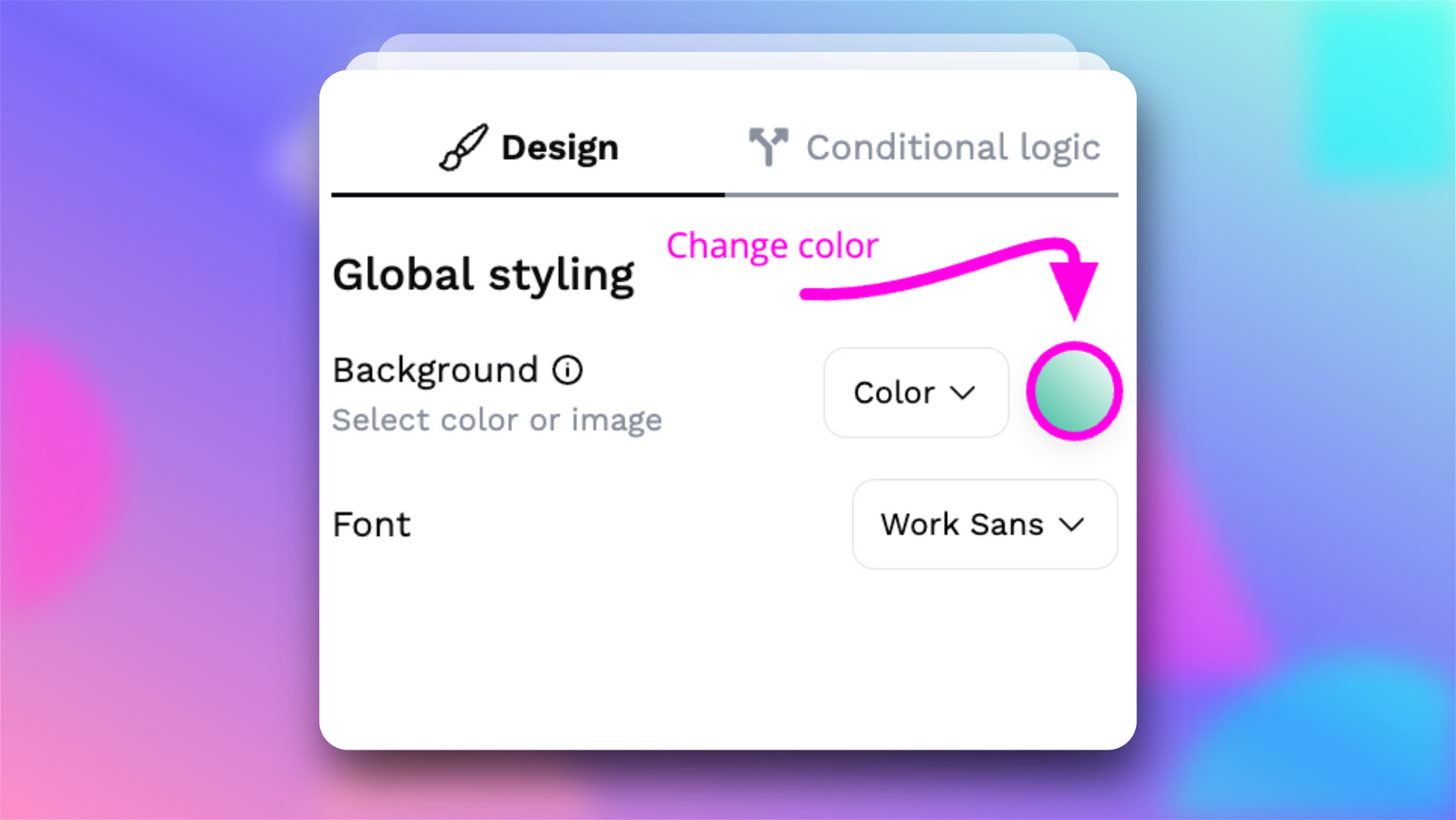 The very first option under the global styling options beneath the design tab includes the ability to change the background color and image.