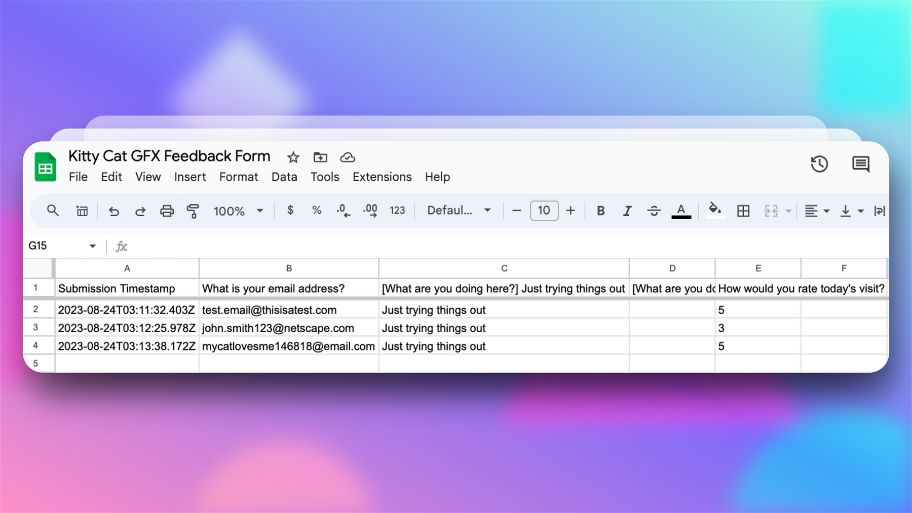 An example of what form responses may look like on Google Sheets.