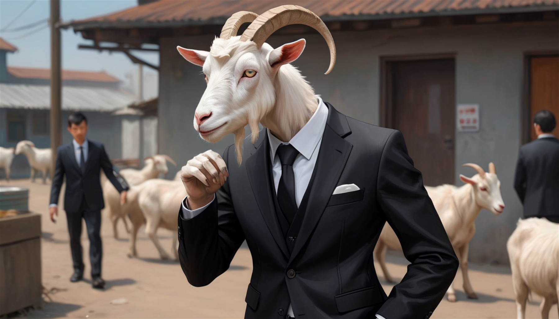 humanoid goat wearing a black suit, depicting everyday life