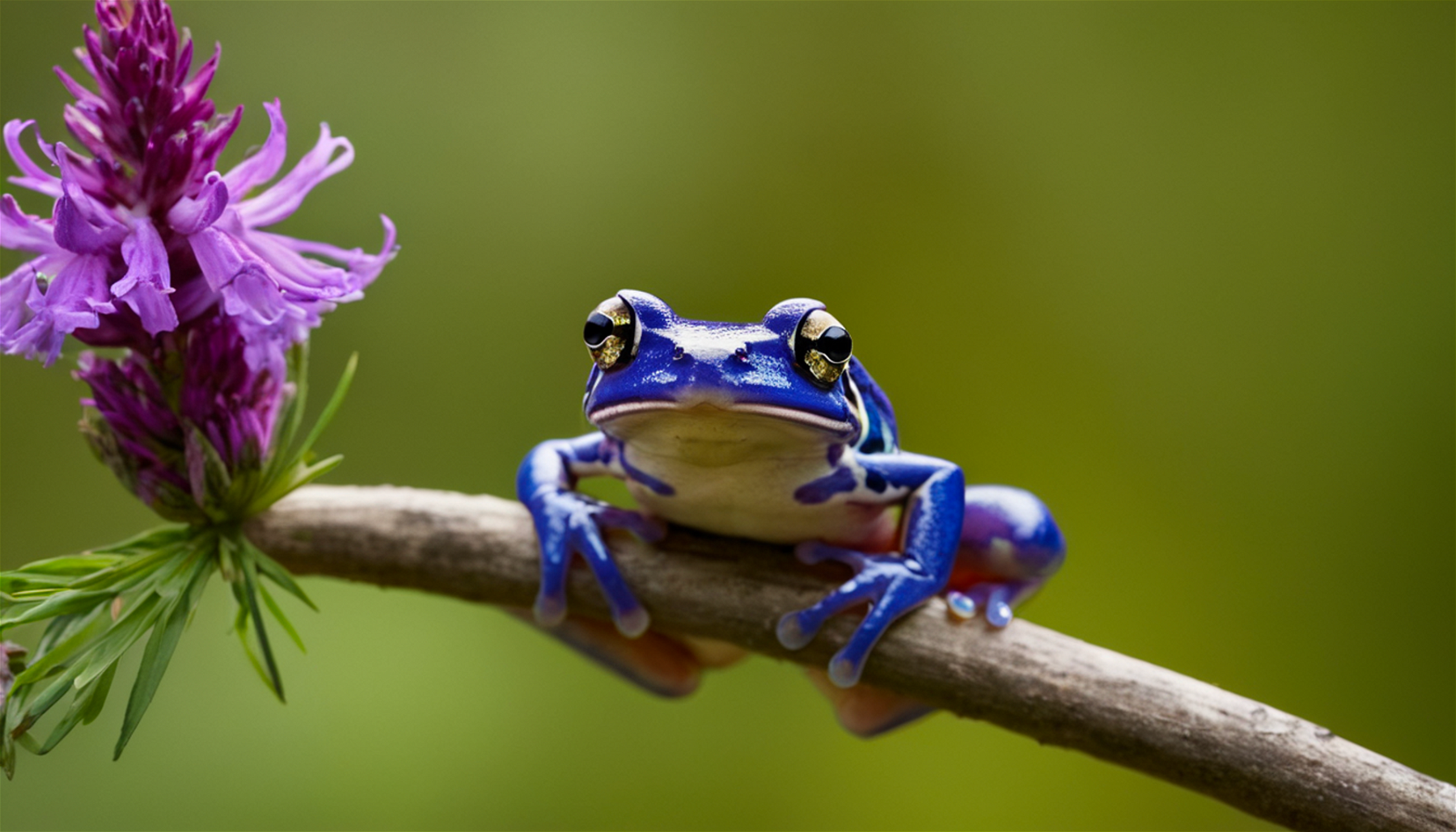 National Geographic photo of a weird and funny looking navy frog on a small branch with Liatris flower