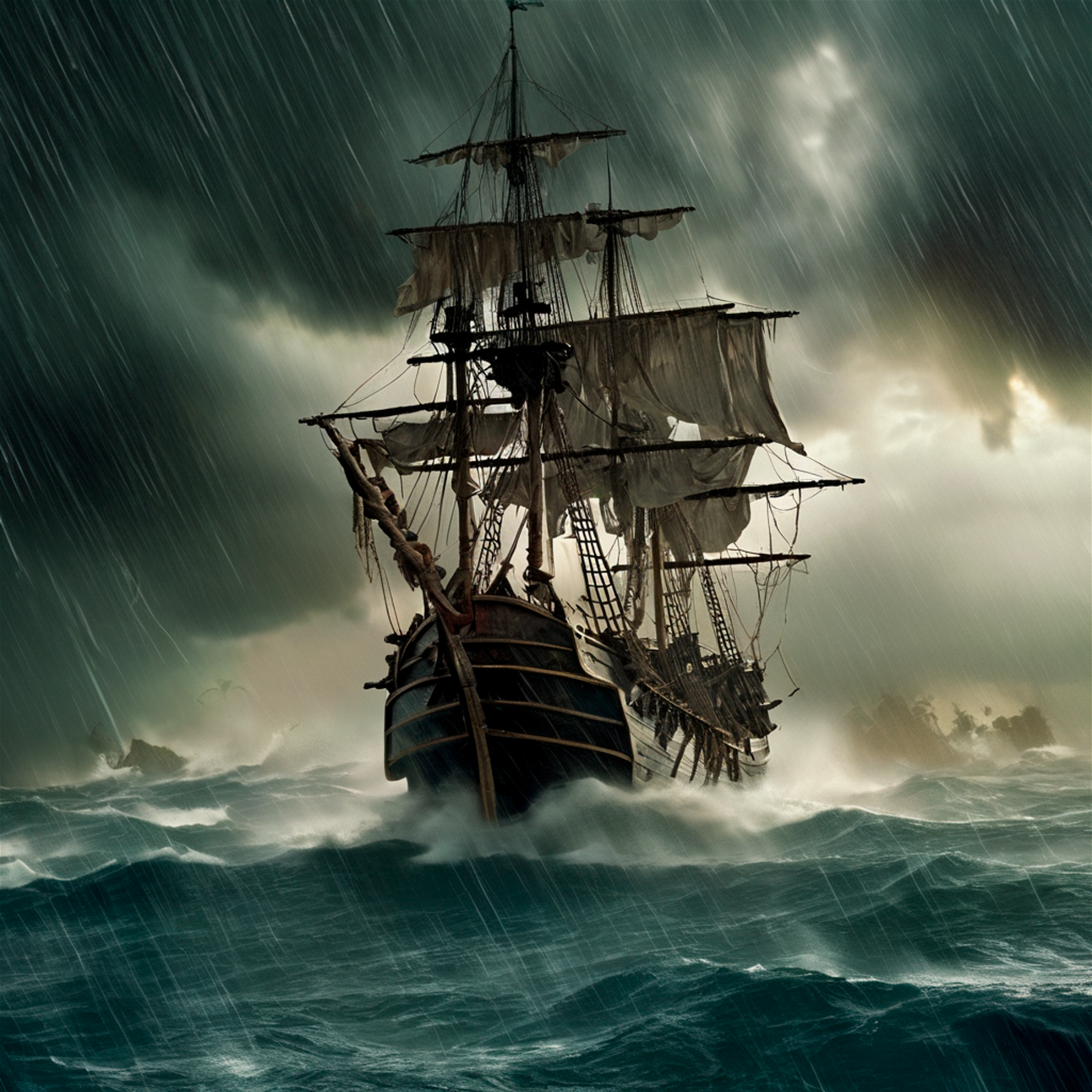 Pirate ship in a storm, pirates of the caribbean, movie still.