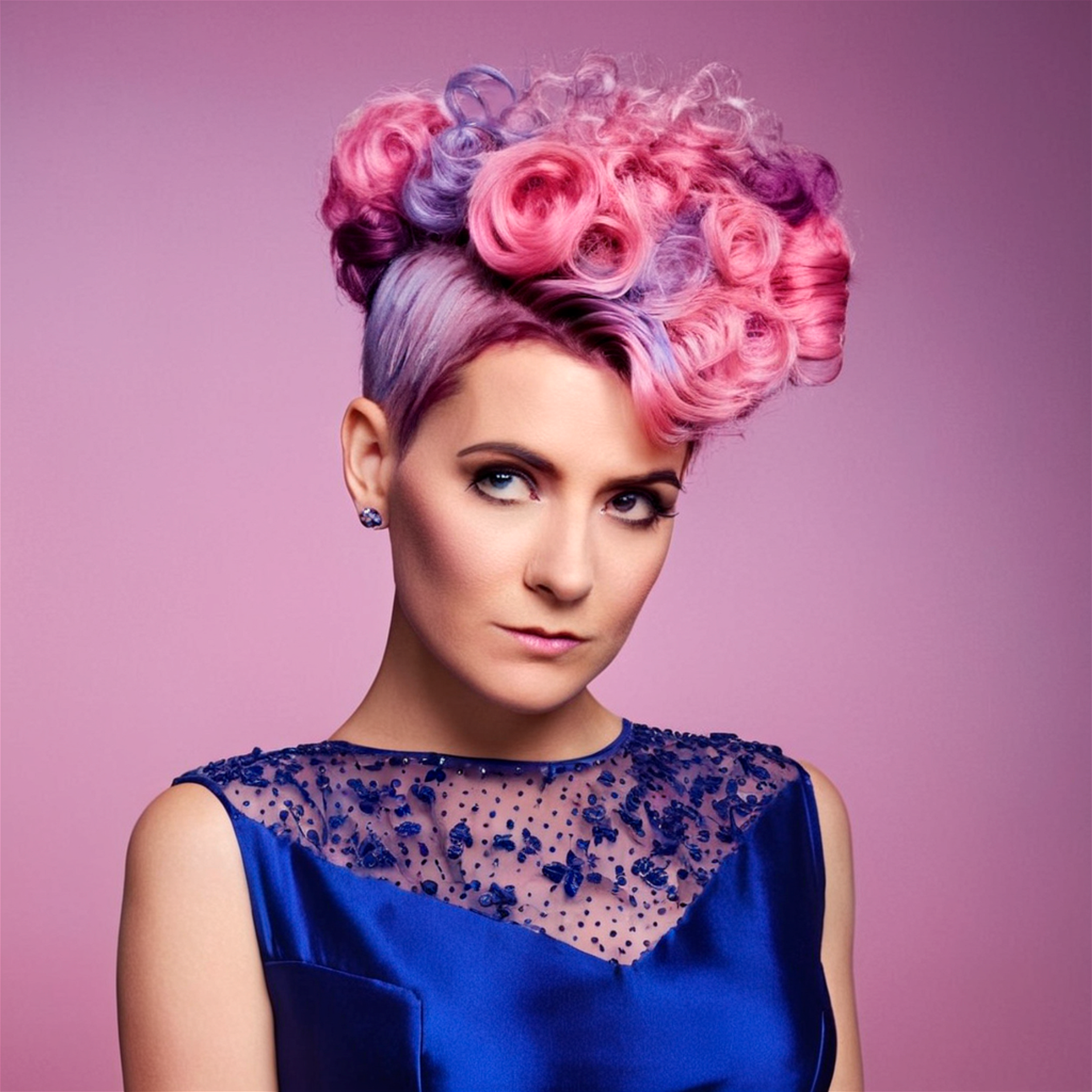 Crazy punk hairstyle, pink and purple hair