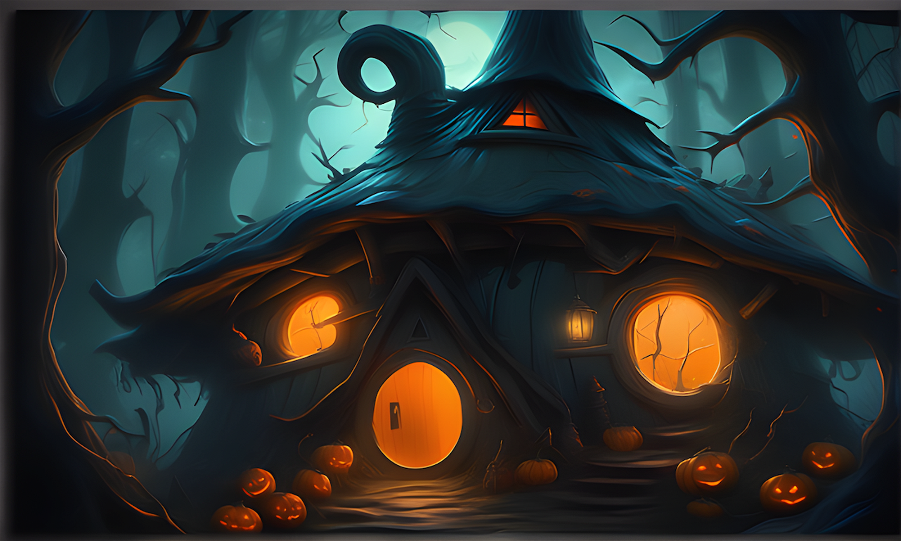 Halloween postcard, Witch Hut in an Eerie forest, glooming orange windows