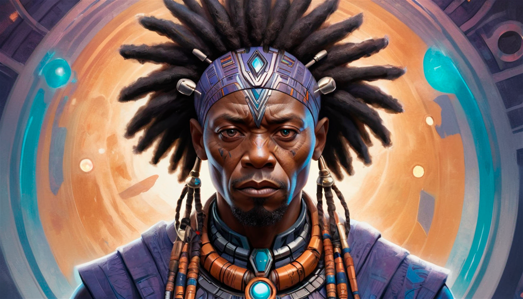 a medicine man, character portrait, Wakanda, science-fiction, future, surreal, afrofuturism, mystical