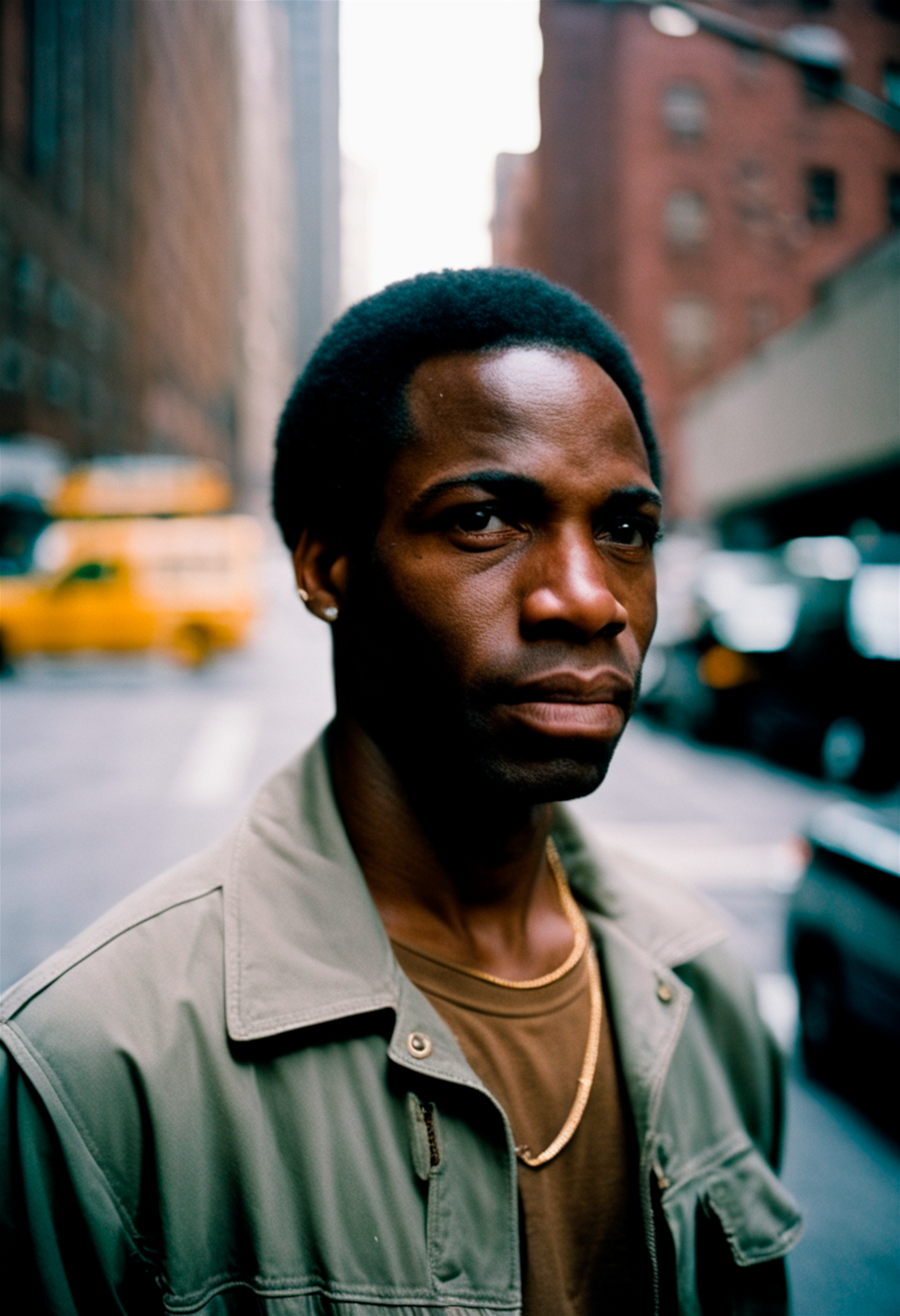 Photo of a an african-american man in new york, head and shoulders portrait shot with Fujifilm Superia, candid street photography