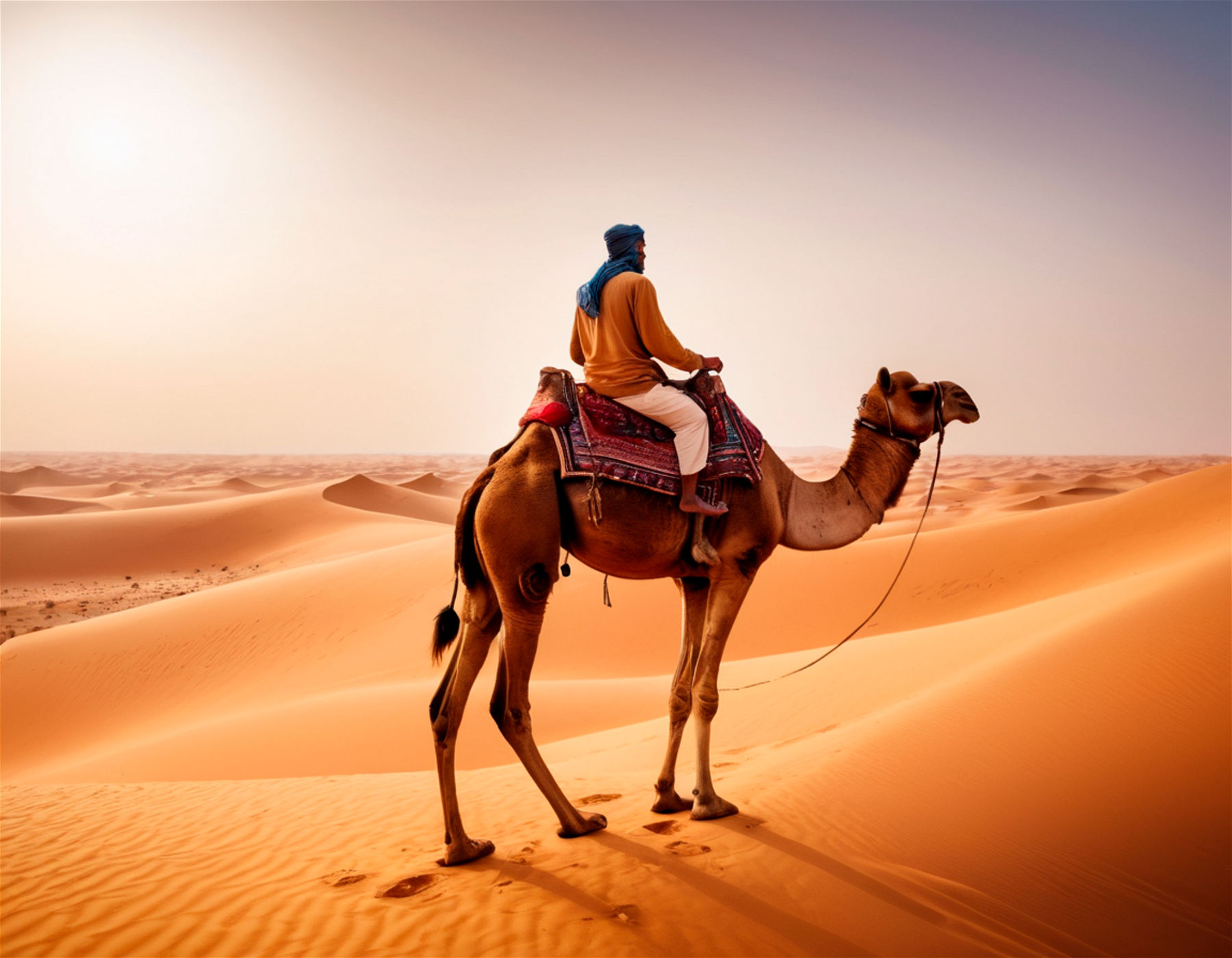 A man on a camel in the Sahara desert