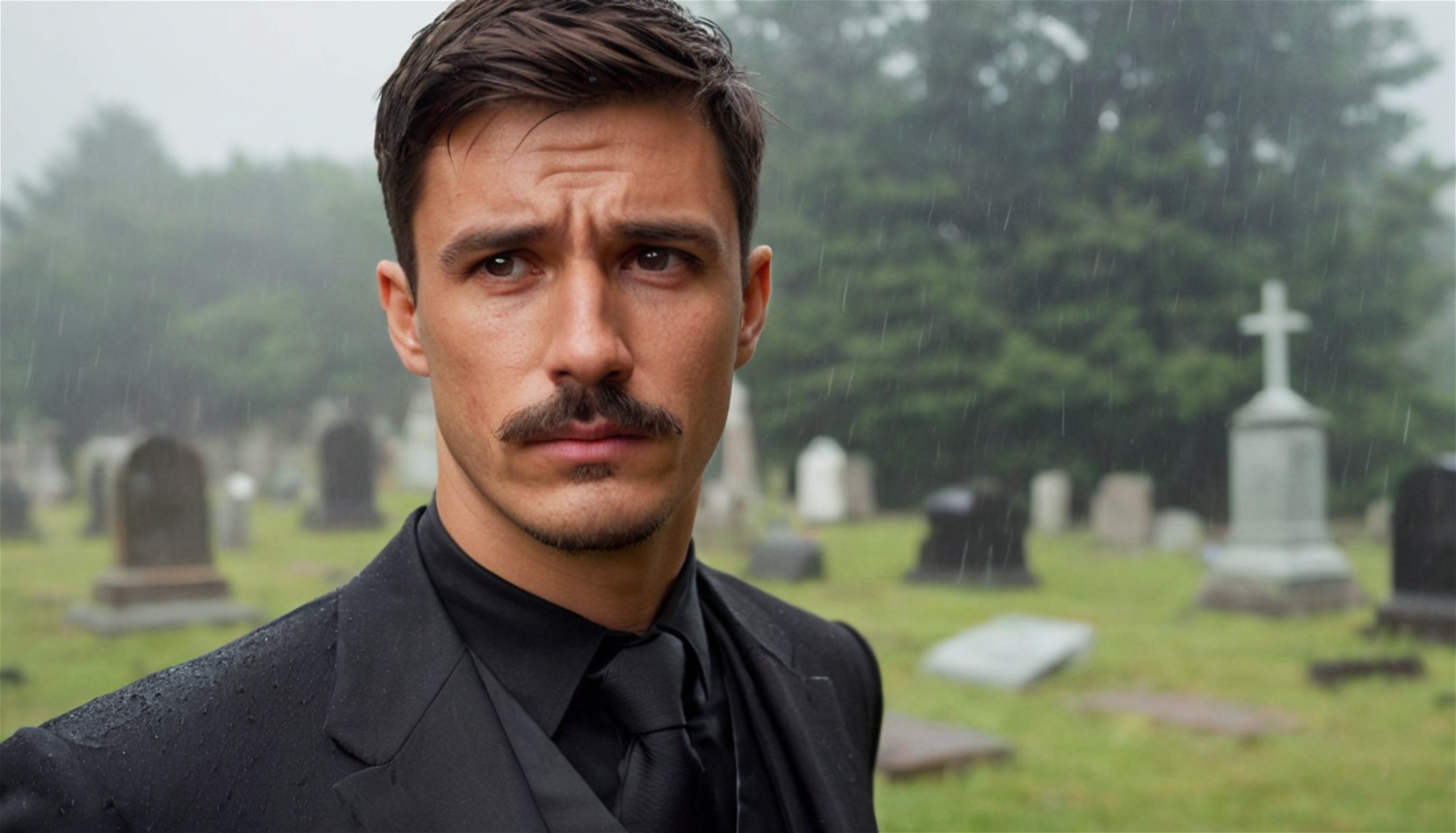 A (sad) man wearing a black suit, crying face, rainy day at the cemetery, short hair and mustache, graveyard