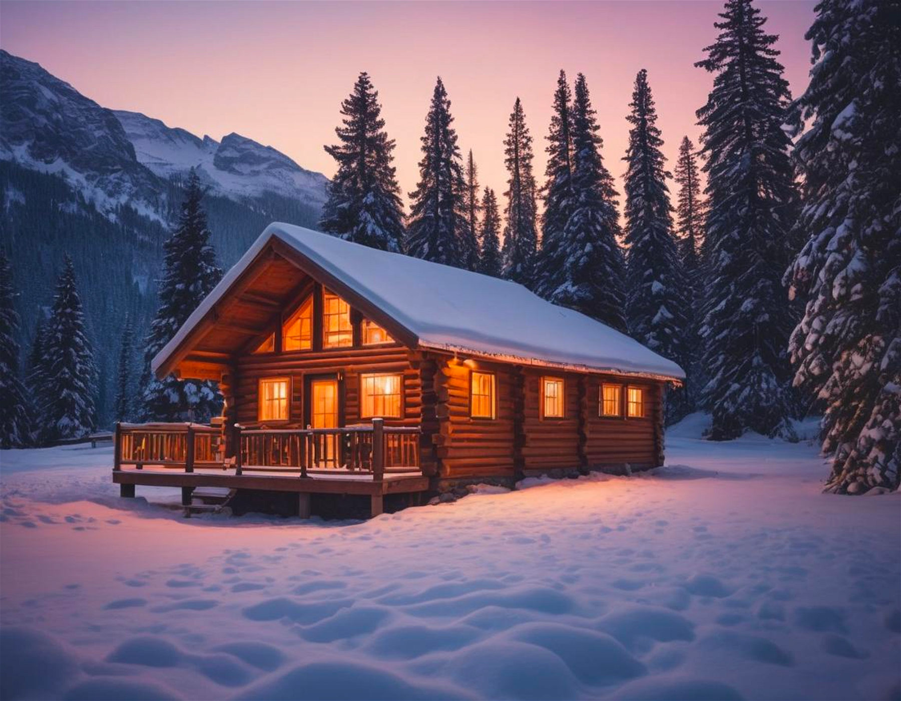 Wood cabin in the snow, sunset