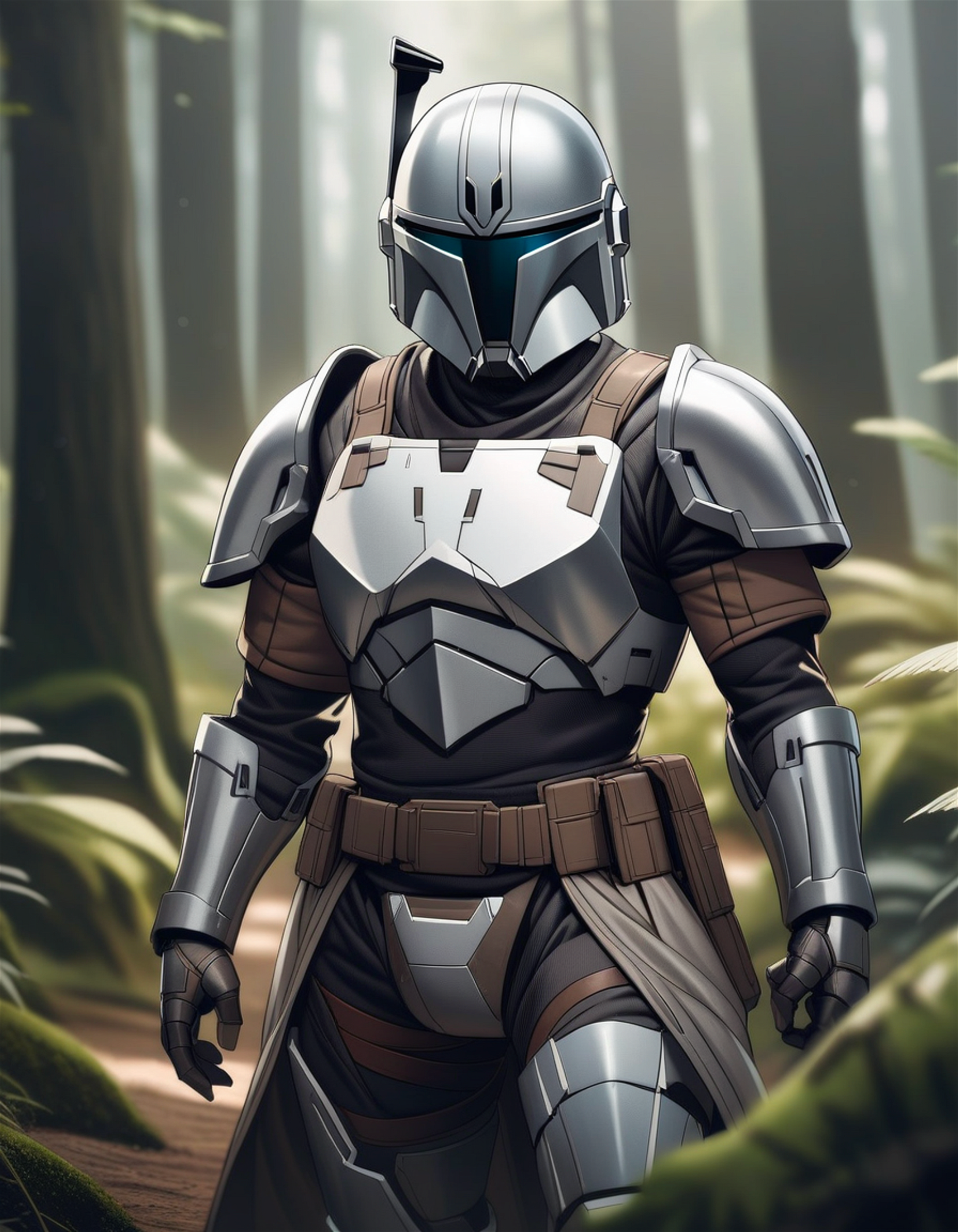 The Mandalorian in a deep forest, blue and silver rugged armor, star wars movie still, shallow depth of field, highly detailed, high budget, gorgeous