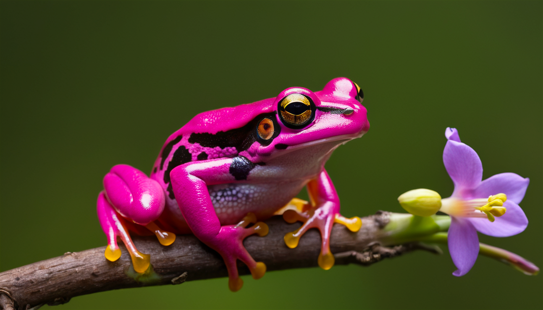 National Geographic photo of a weird and funny looking fuschia frog on a small branch with Freesia flower