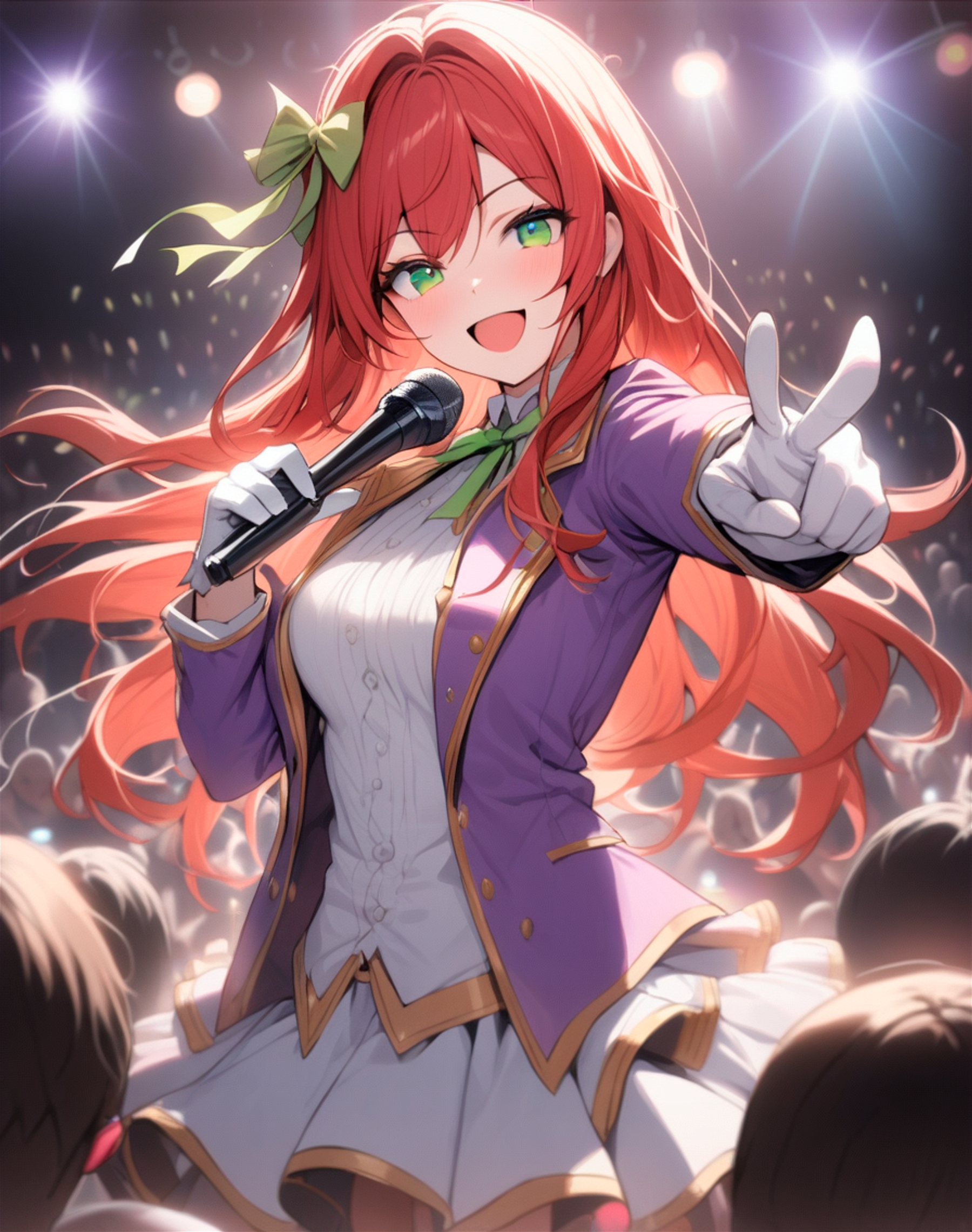 1girl, long hair, red hair, green eyes, golden hair ribbon, white shirt, purple and gold jacket, idol, idol clothes, white gloves, stage light, singing, open mouth, crowd, smile, pointing at viewer, masterpiece, best quality