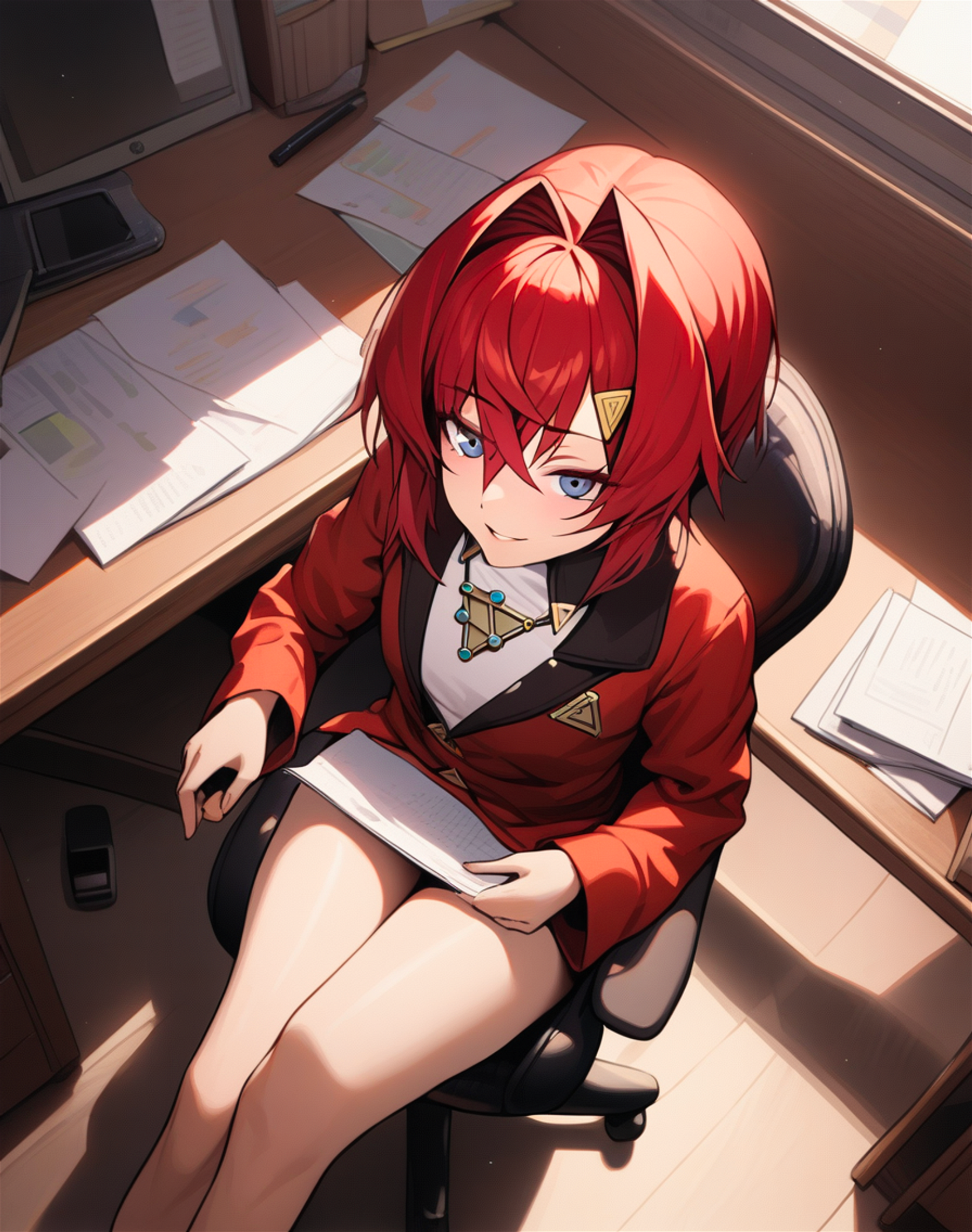 1girl, ange katrina, nijisanji, sitting, crossed legs, gentle smile, parted lips, desk, office chair, cinematic angle, from above, masterpiece, best quality