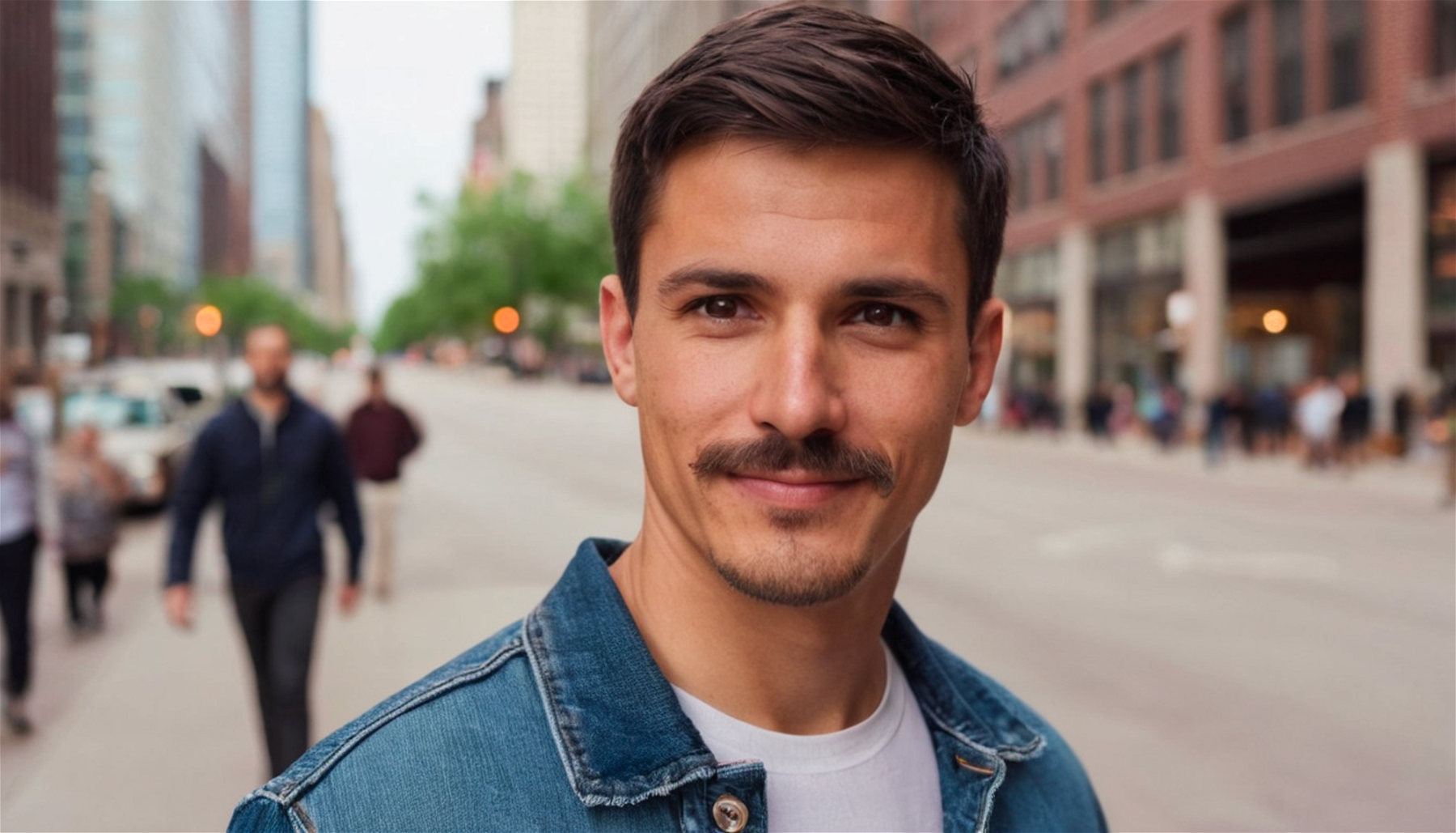 A (smilling) man wearing a blue jeans jacket, (large smile), Busy street in Chicago, short hair and mustache
