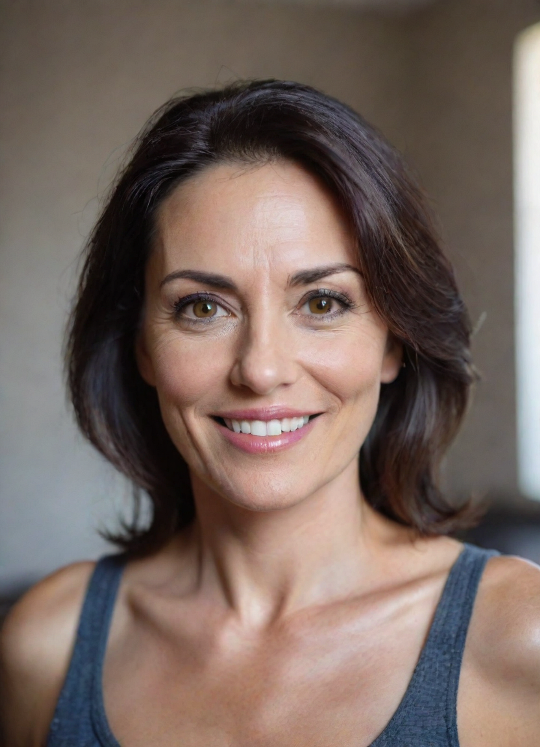 Front shot portrait photo of an happy 42 years old woman, dark hair, natural makeup
