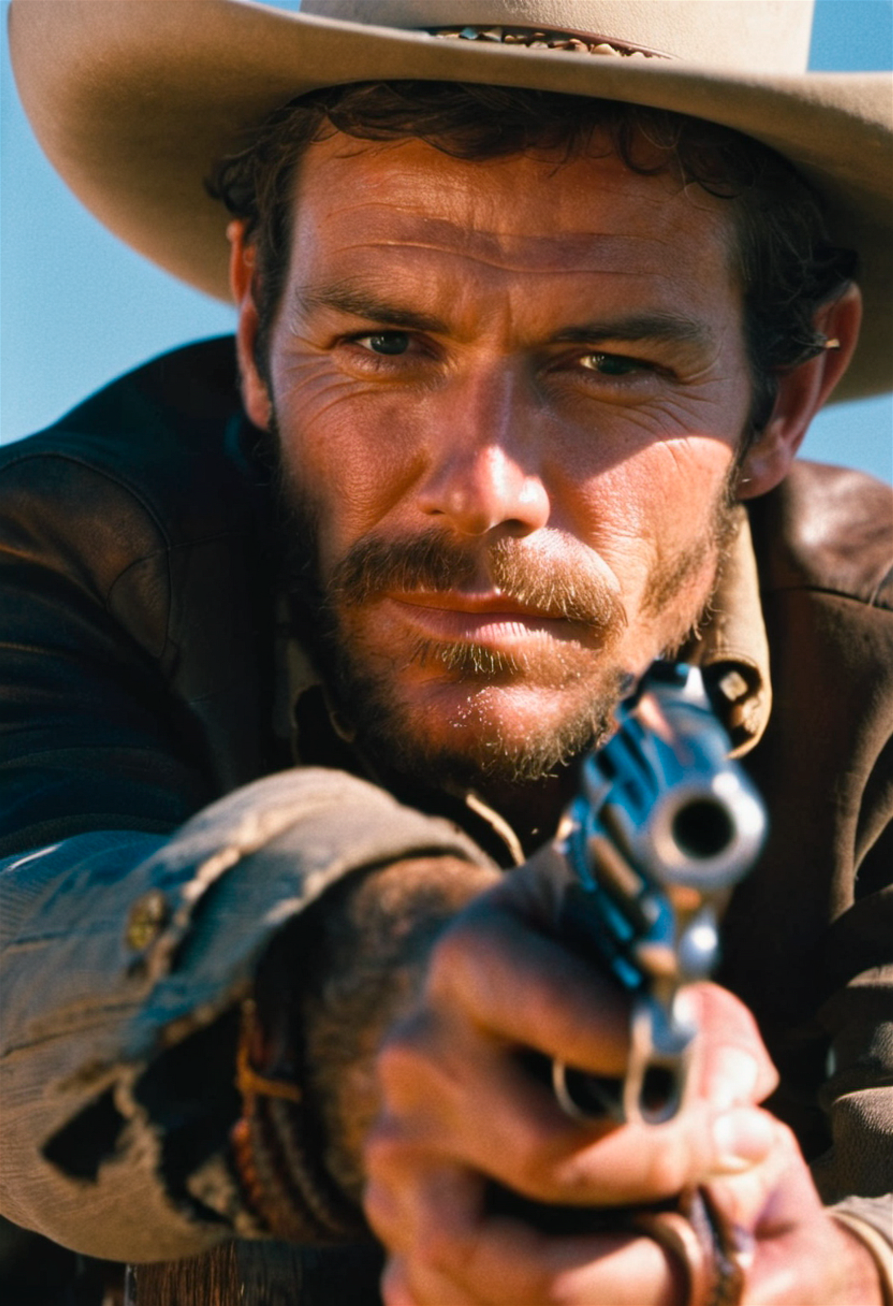 photograph close up portrait of a cowboy holding a gun, shot on kodak 80mm, Short Exposure, sunlight