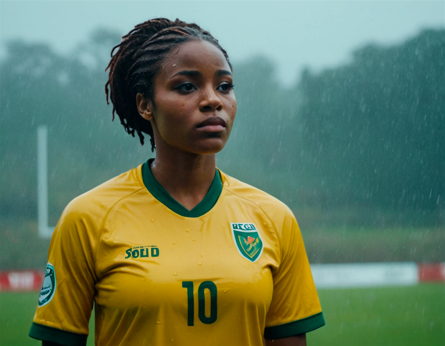 documentary, a thick black woman african soccer player, in a rainy morning