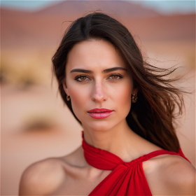 Head and shoulder portrait of a beautiful woman wearing a red dress in the desert