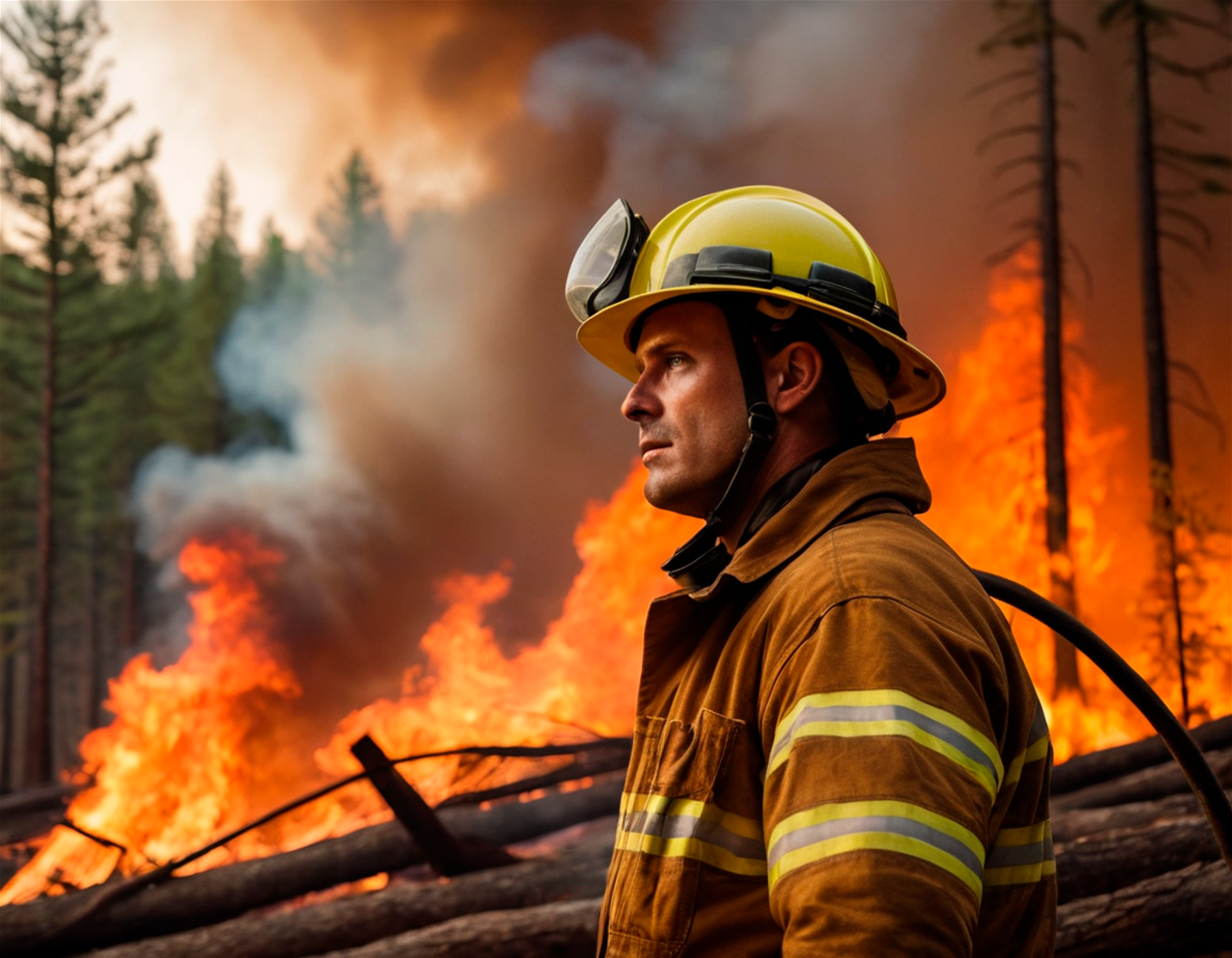 Exhausted firefighter in front of a forest fire