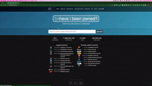Have I been Pwned? displaying its course action to check for data breaches.