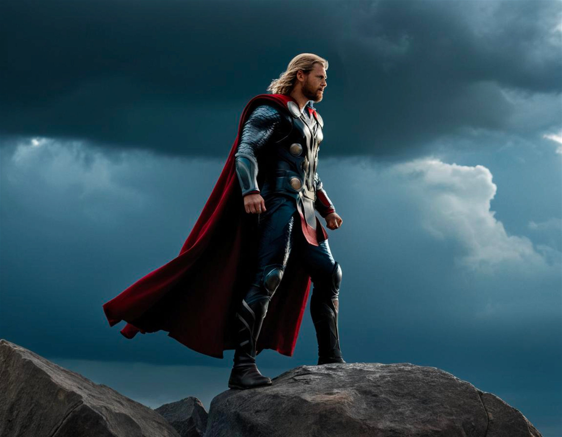 Thor standing on a rock, stormy sky, Marvel MCU