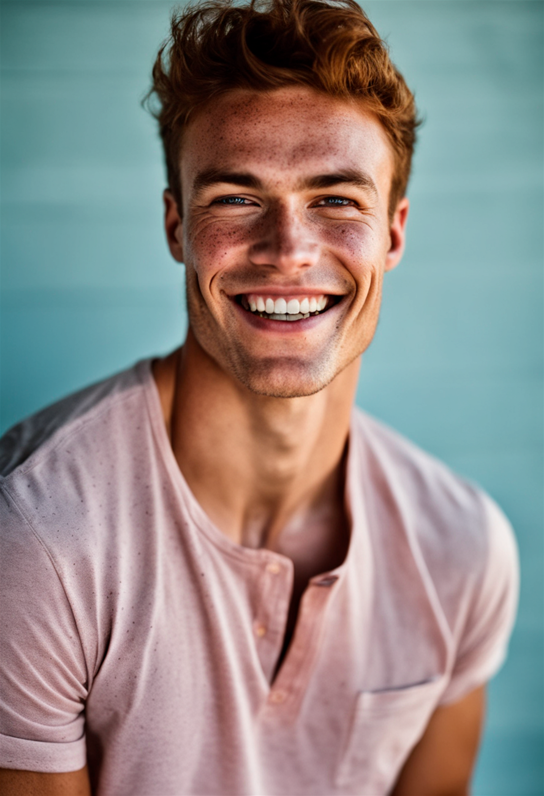 photo of beautiful man smiling, freckles, looking away, shot with Nikon D750, soft light and pastel colors, magazine cover