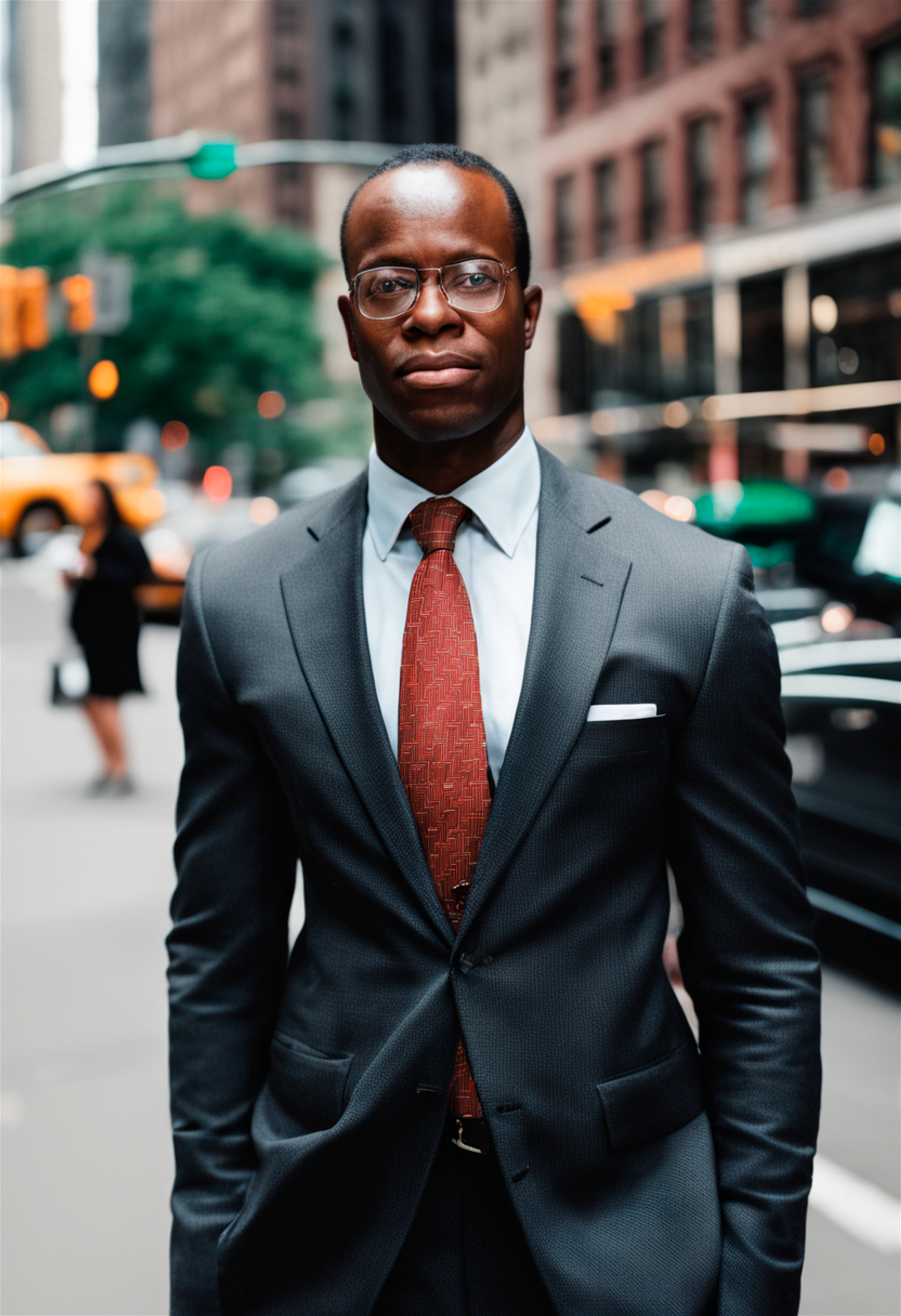 Photo of an african-american man in new york, wearing a business suit