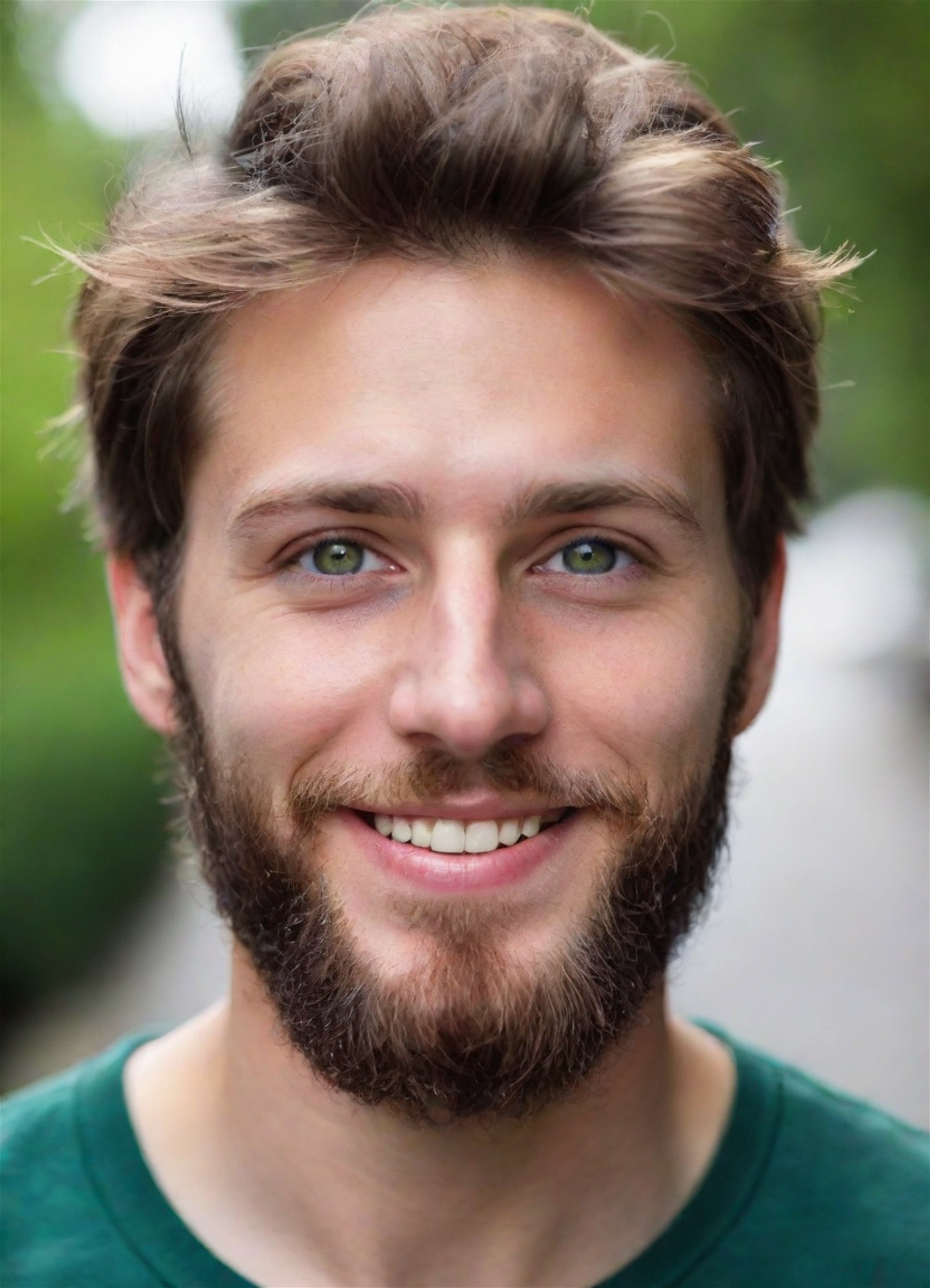 Portrait photo of a 25 years old american man, beard, green eyes, charming smile