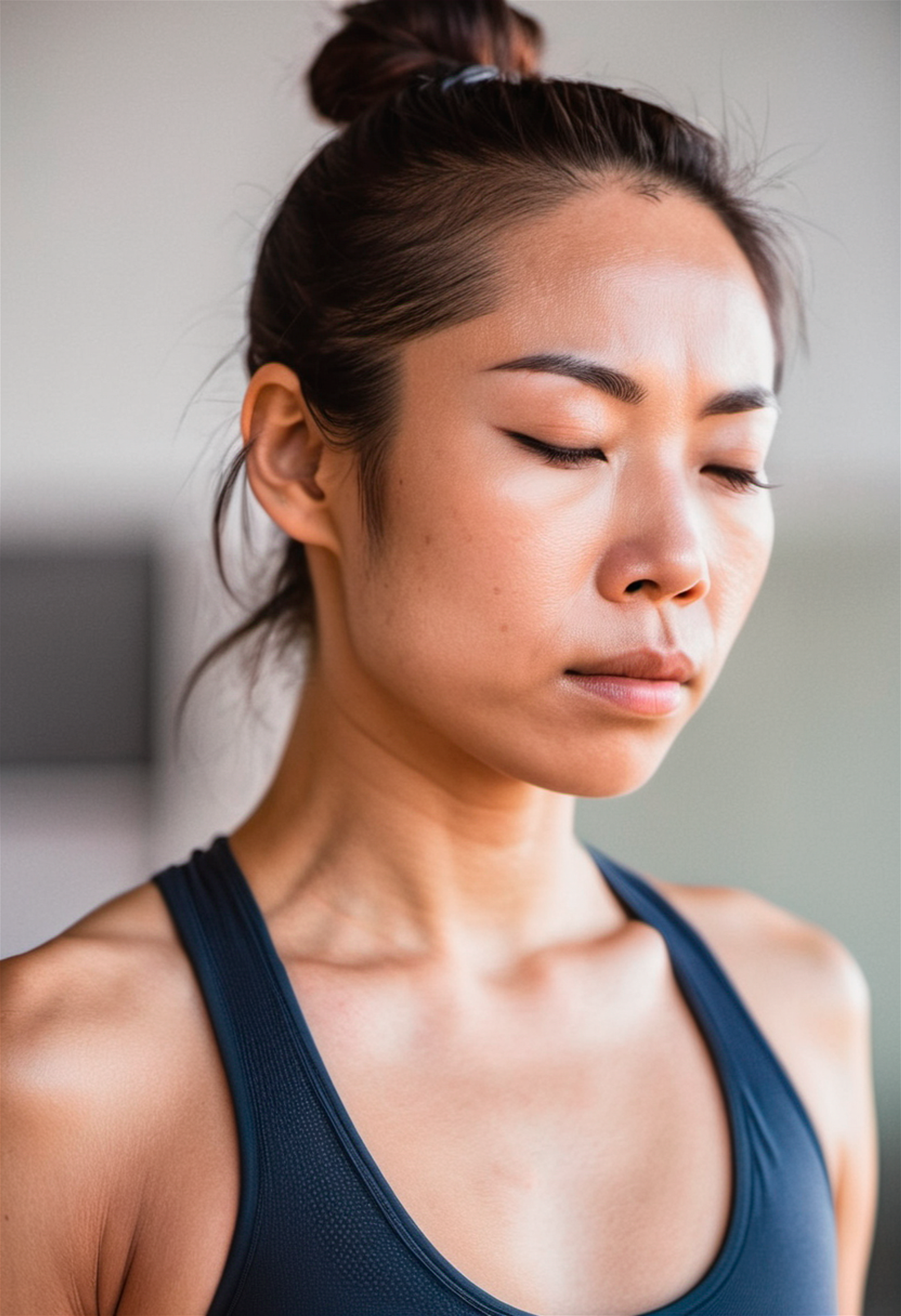 Close up portrait of a young japanese yoga teacher in sportswear, Natural lighting, Instagram photography, eyes closed, detailed skin