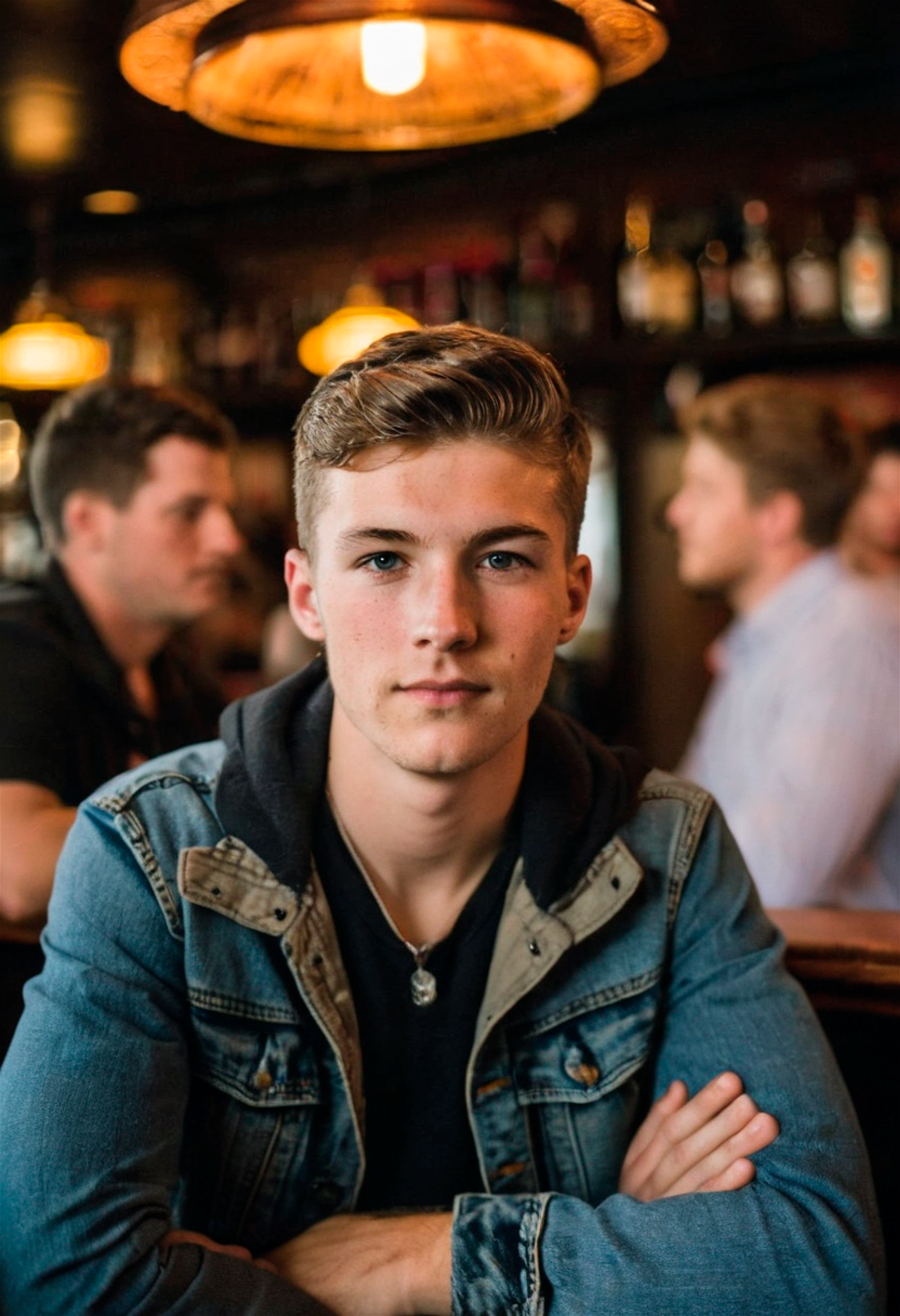 Portrait photo of a 25 years old american man in crowded pub, looking at the viewer, natural skin, shot with an iPhone