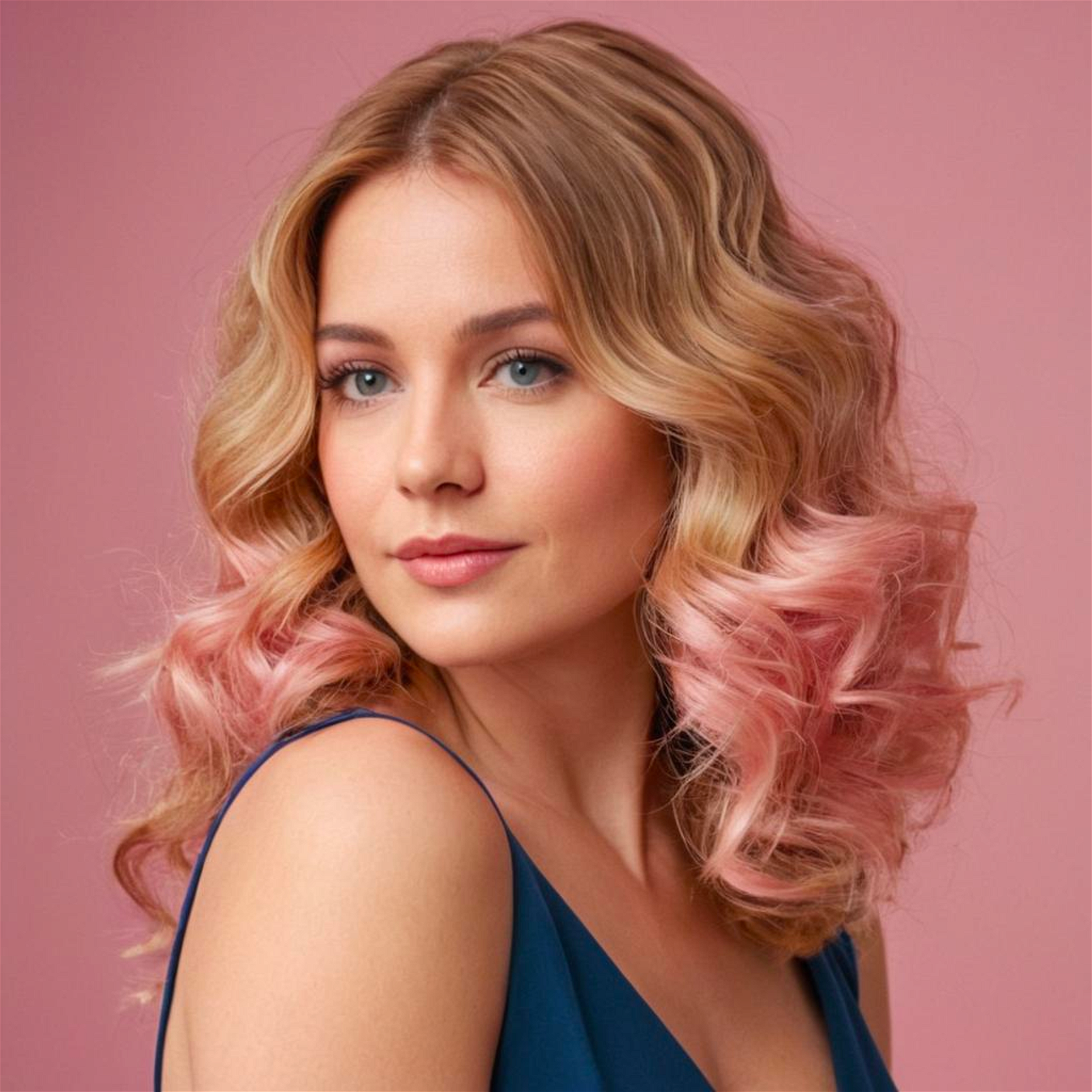Wavy blond hair with pink balayage