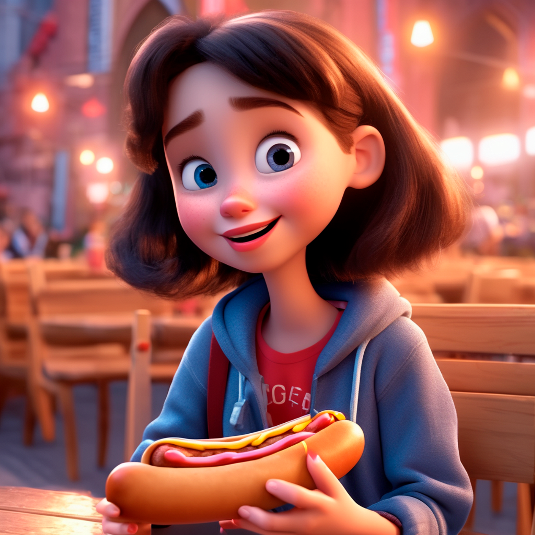 A cute girl eating a hotdog, Disney pixar 3D animation.