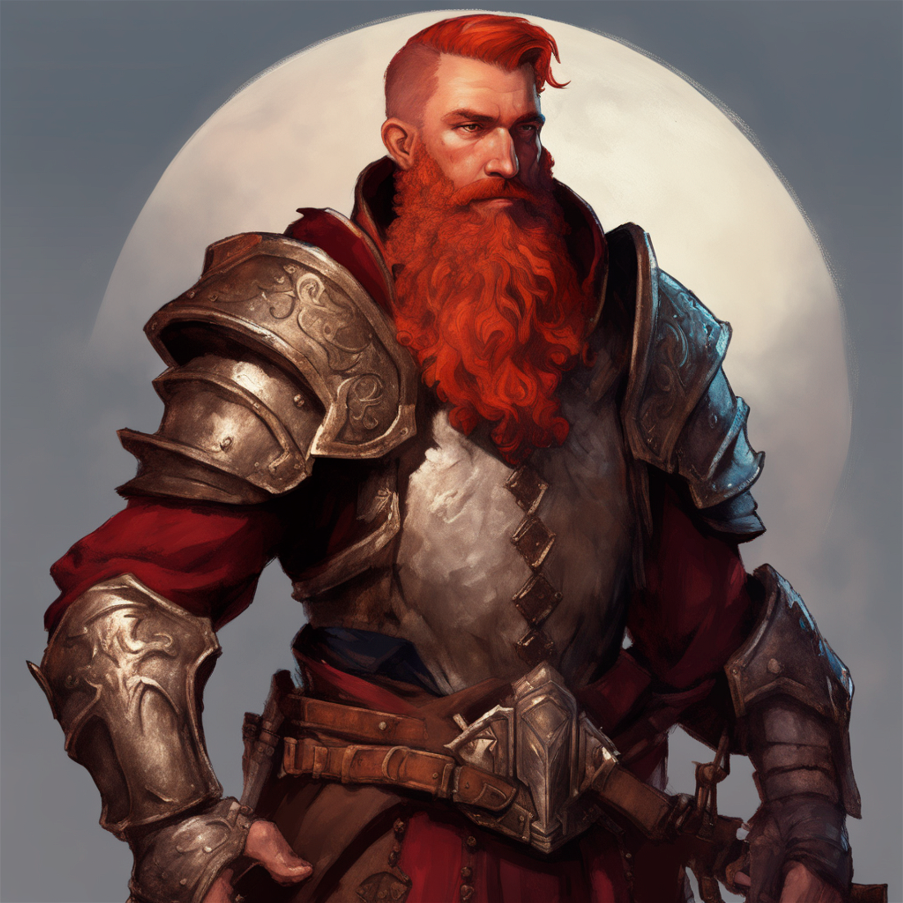 Handsome rugged paladin video game, fantasy epic concept art, art by , Greg Rutkowski wlop, in the style of , Lovecraft, moonlight, silly smile, red beard, trending on artstation very detailed sharp hyper realistic highly detailed ultra realistic post-processing