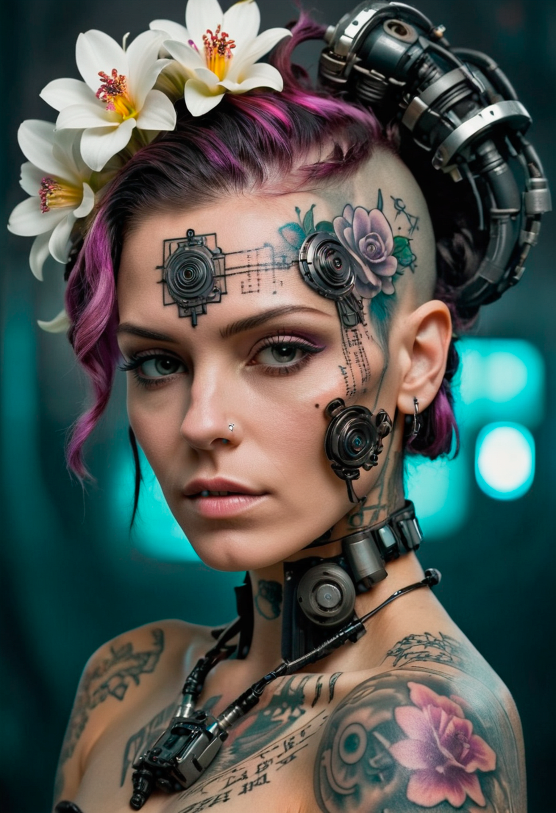 photography, a woman with a flower in her hair, cyberpunk style, tattoo, head and shoulder portrait, highly detailed digital photography