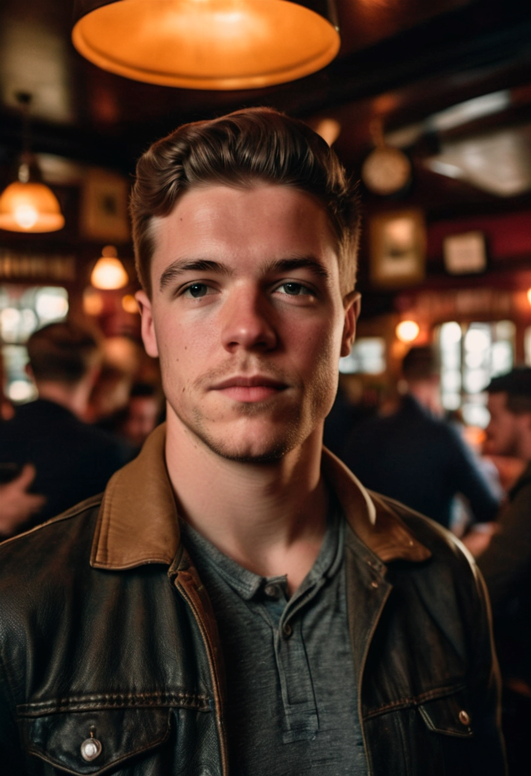 portrait photo of a 25 years old american man in crowded pub, looking at the viewer, natural skin, shot with an iPhone