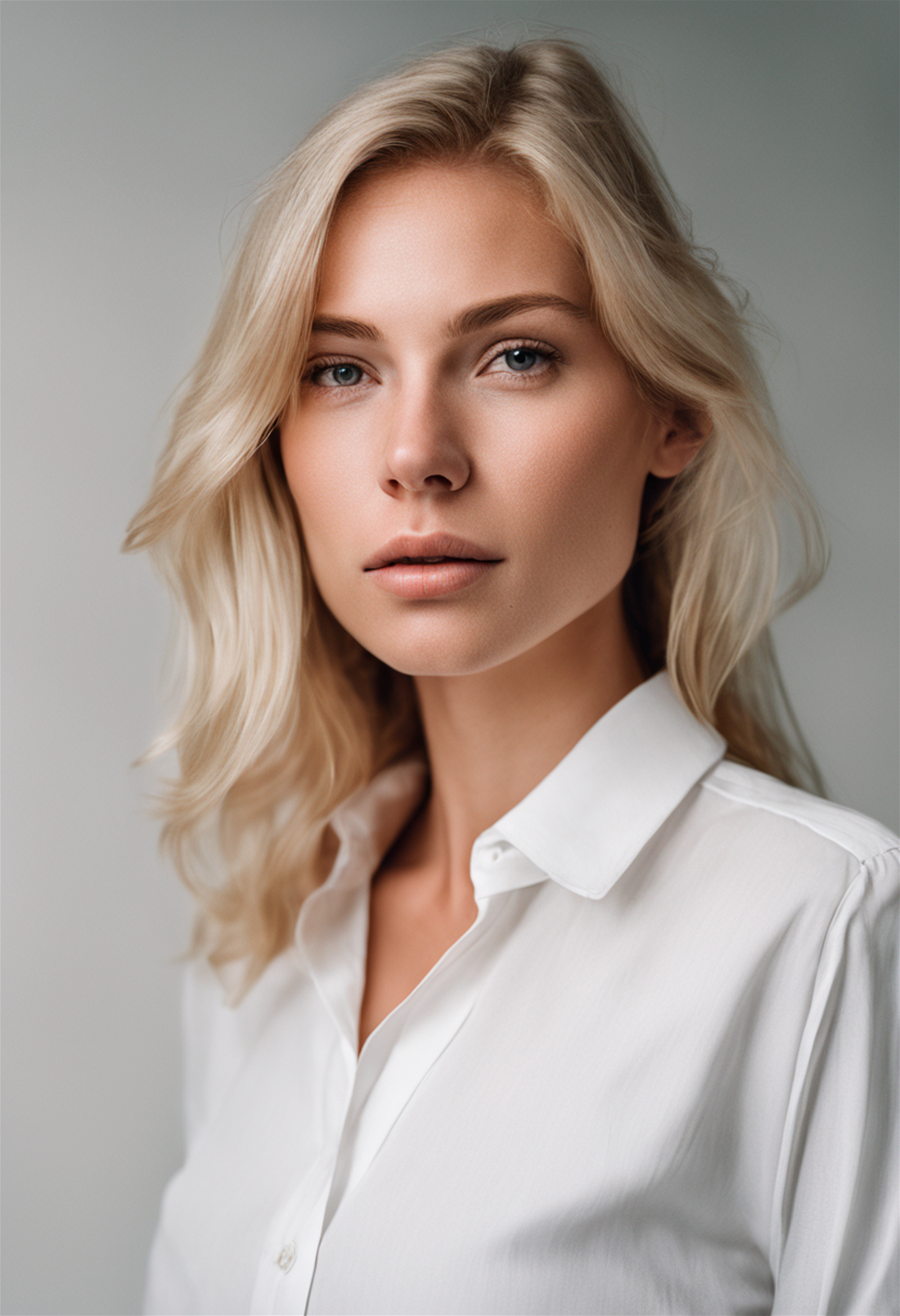 Photographic portrait of a blond woman wearing a white shirt