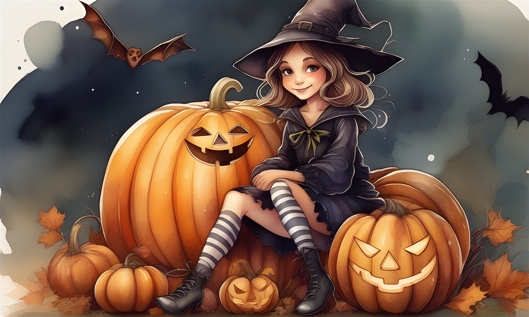 Halloween Illustration, A cute witch sitting on a big pumpkin, illustration, creepy, warm colors, highly detailed watercolor, best quality
