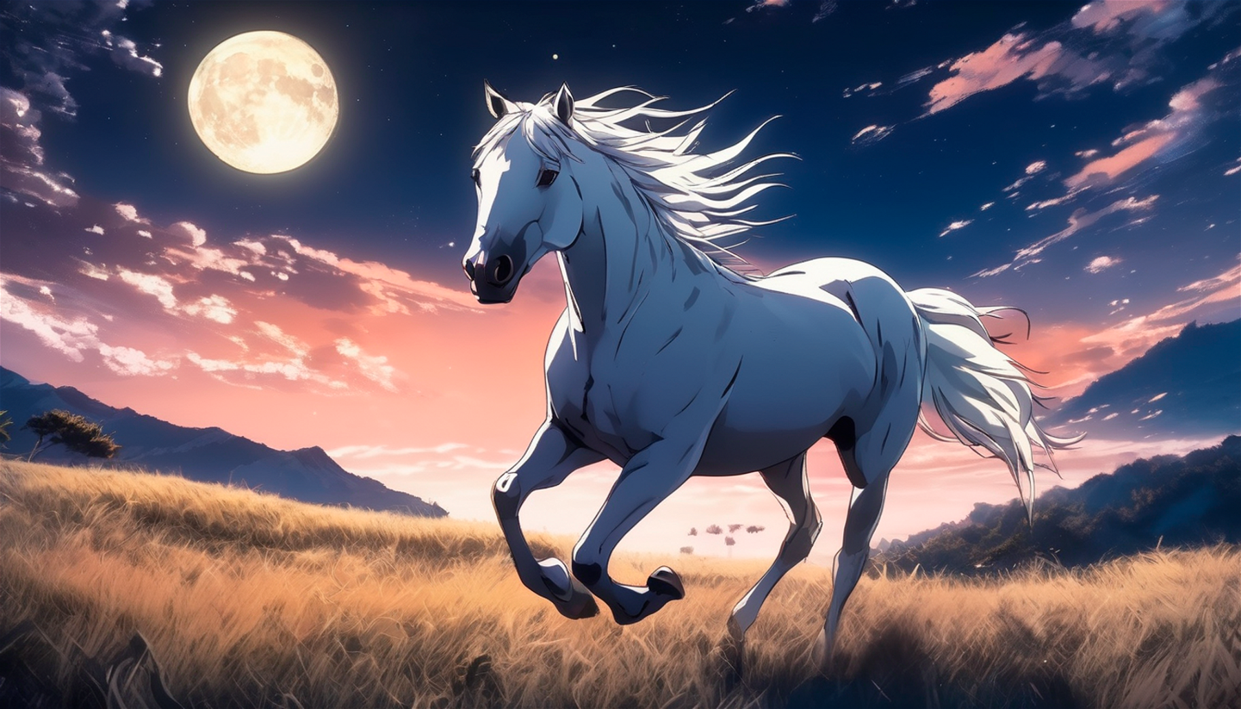 anime artwork cinematic film still horse running in the wild under the moon light, white fur . anime style, key visual, vibrant, studio anime, highly detailed