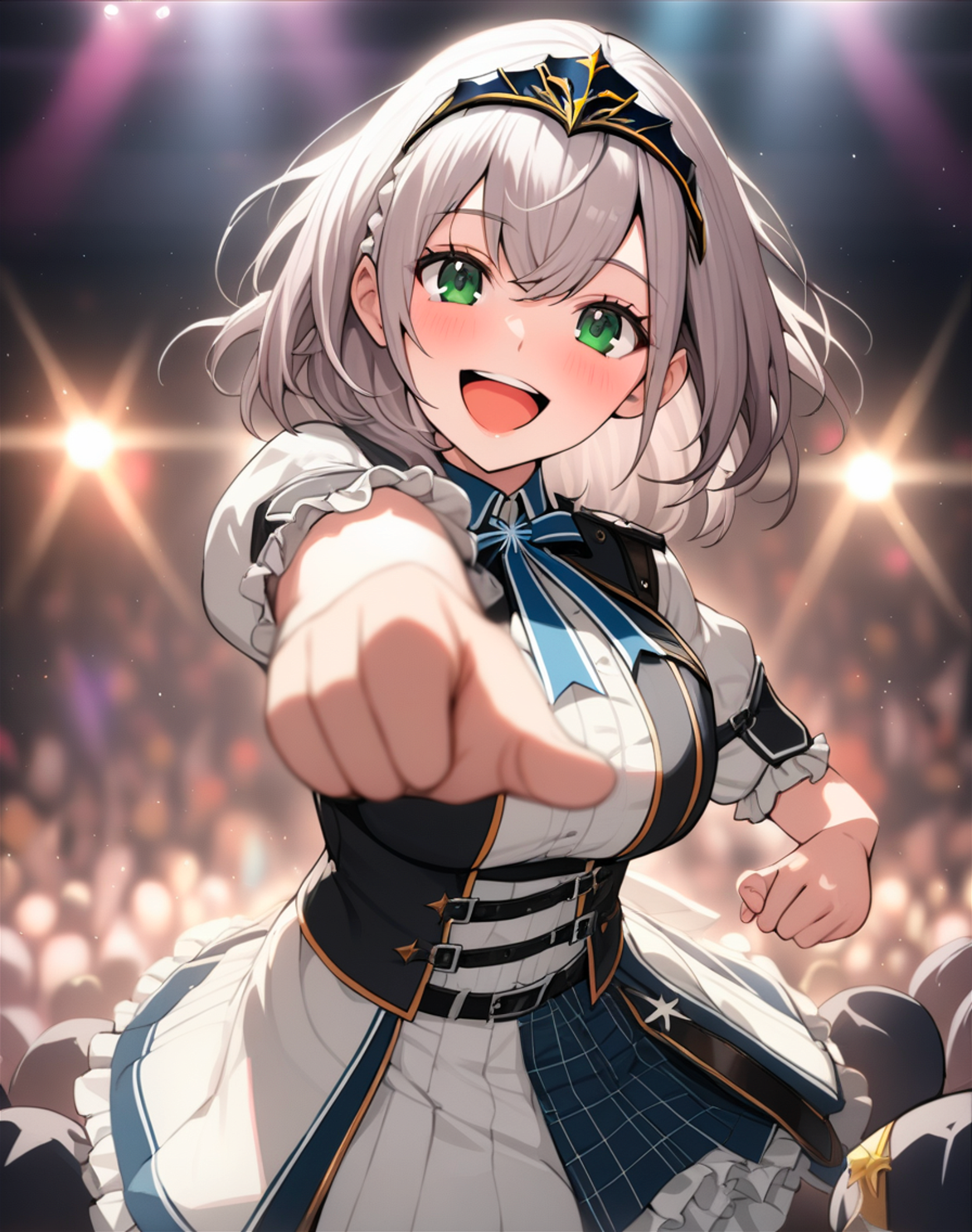 1girl, shirogane noel, hololive, solo, idol, stage light, singing, open mouth, crowd, smile, pointing at viewer, masterpiece, best quality