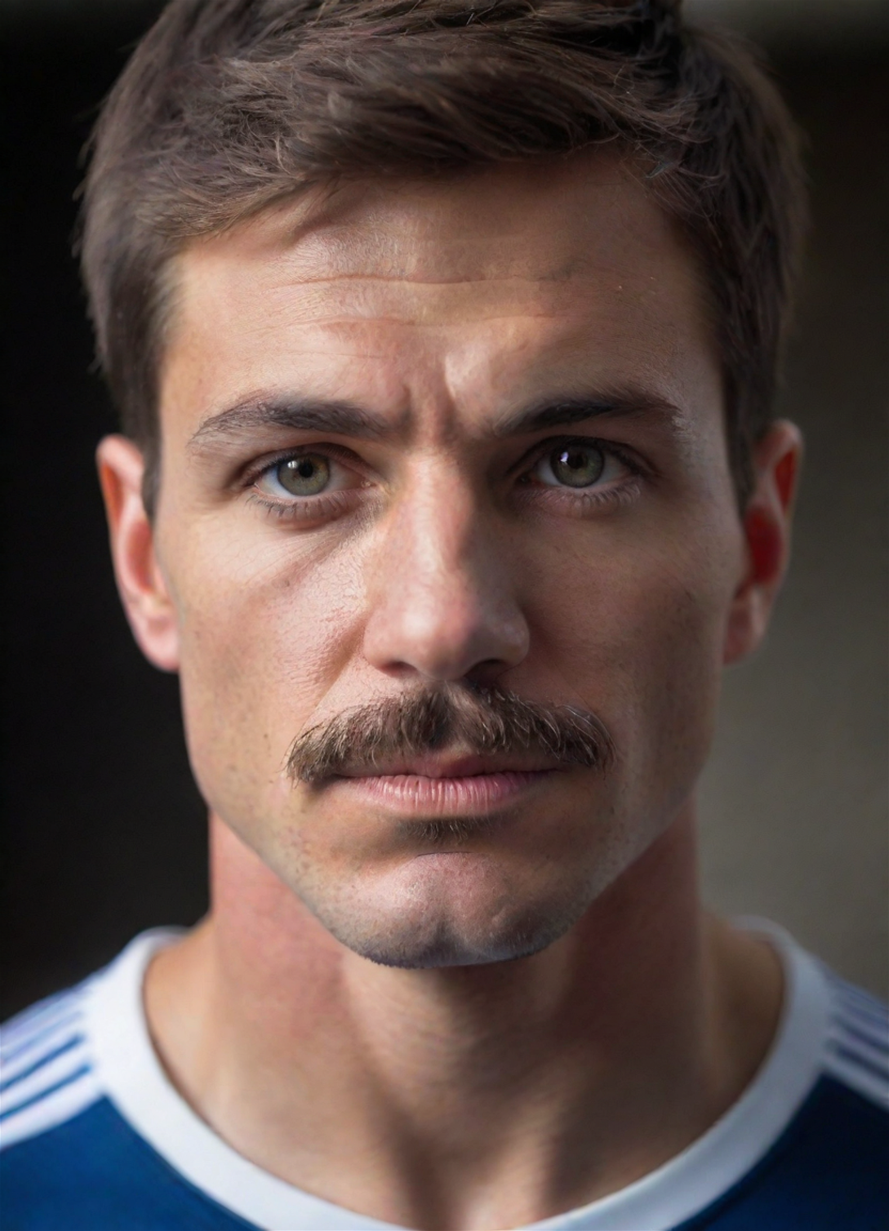 Close up portrait of an handsome male athlete, serious look, short hair and mustache
