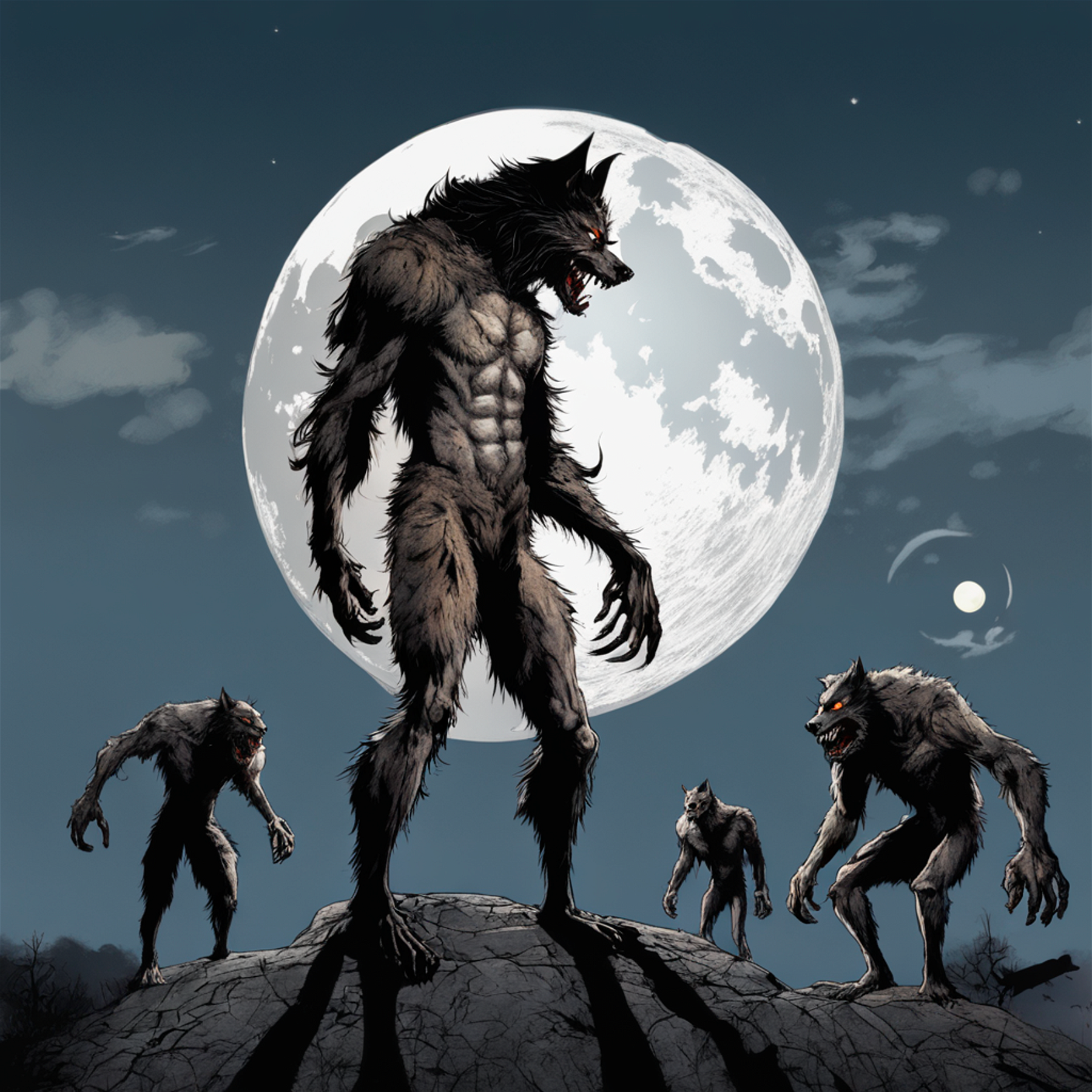 The werewolf, completing their transformation as the moon rises in the background. You can see the tattered remains of their clothes